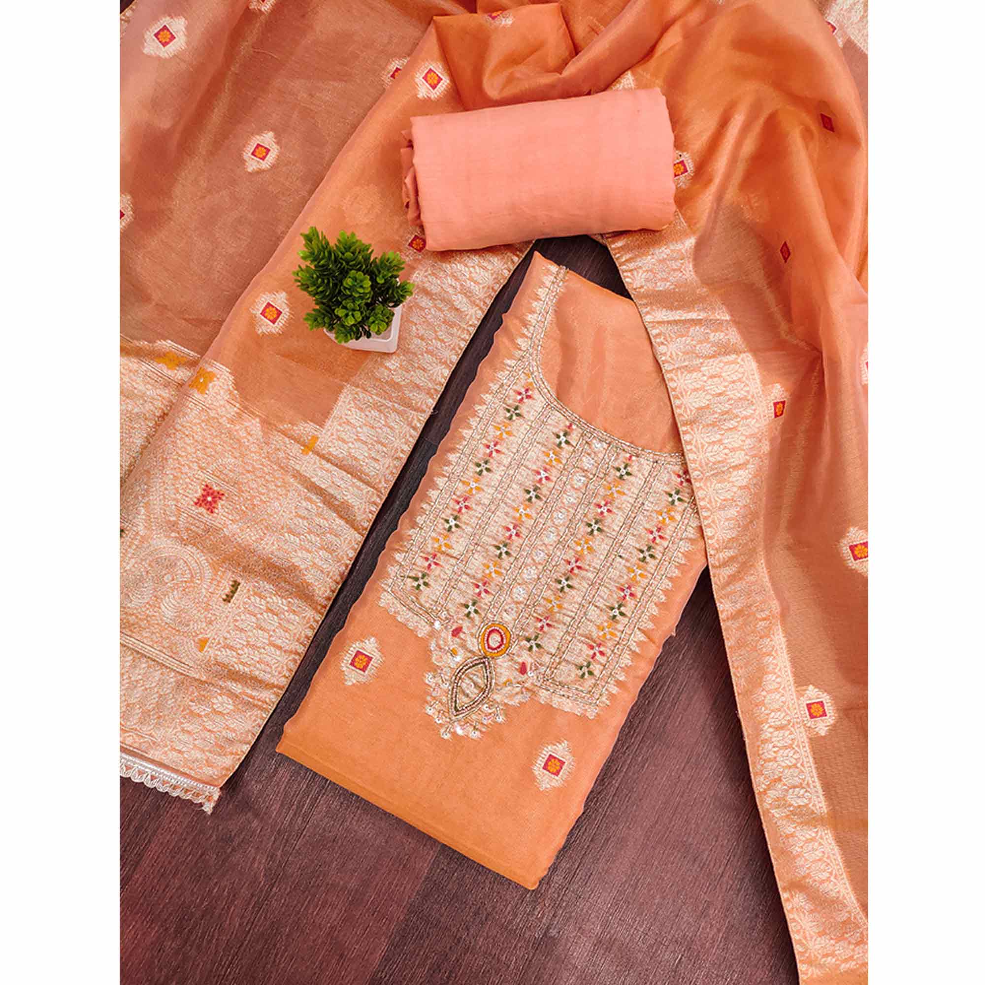 Elegant Peach Floral Weaving Shimmer Banarasi Dress Material With Beads & Sequins Neckline Work