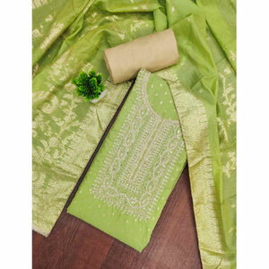 Graceful Green Cording Embroidery Chanderi Silk Banarasi Dress Material With Sequins & Moti Work