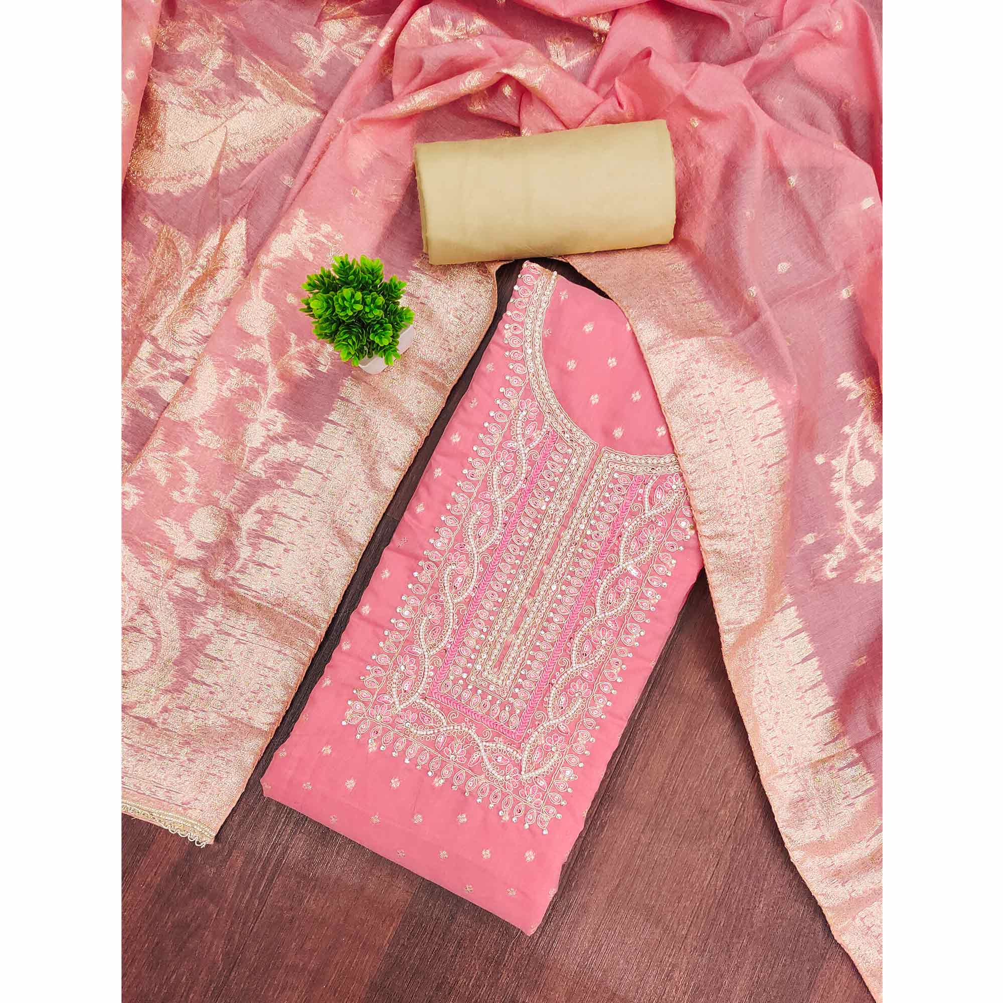 Graceful Pink Cording Embroidery Chanderi Silk Banarasi Dress Material With Sequins & Moti Work