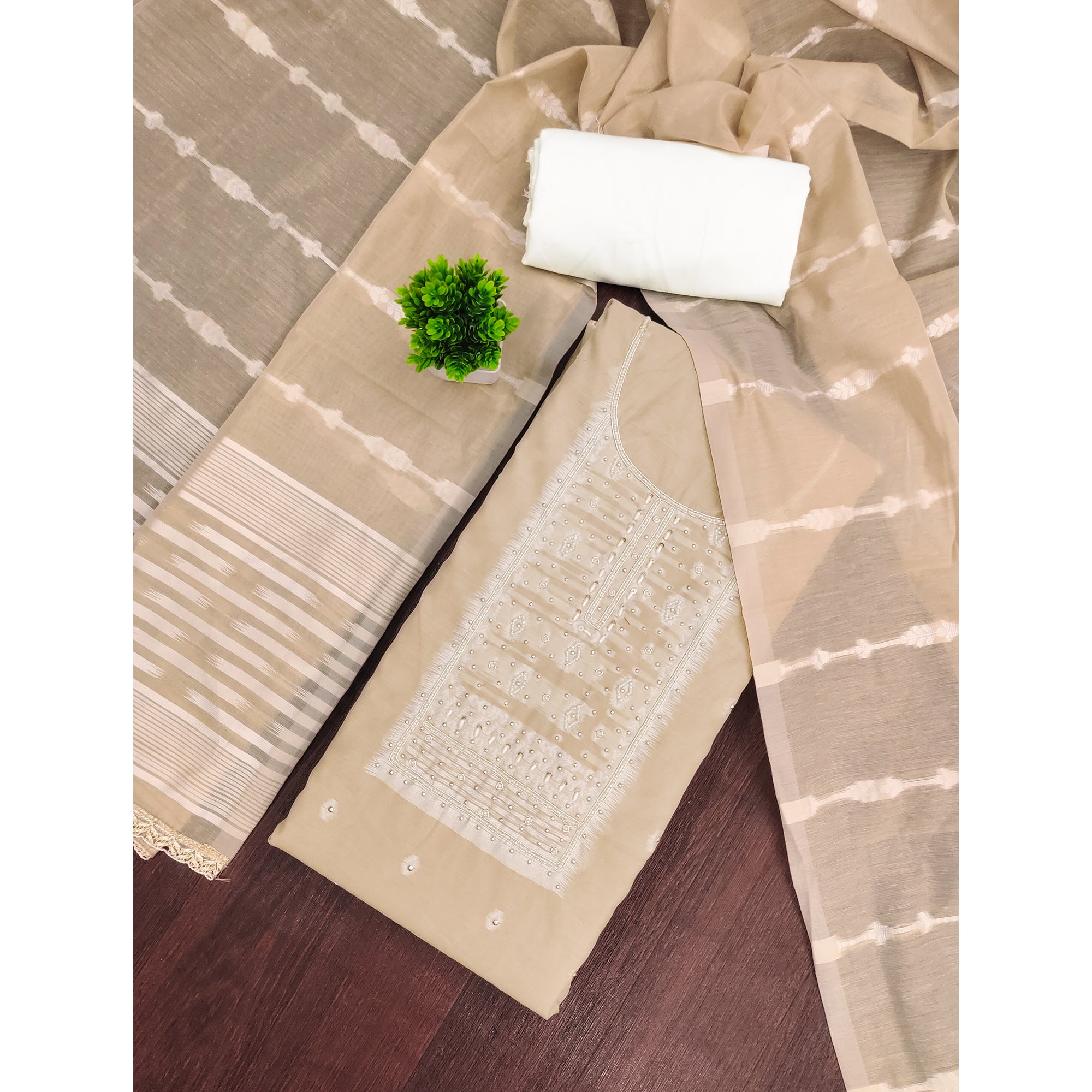 Radiant Chikoo Woven Cotton Silk Banarasi Dress Material Adorned With Moti & Sequins Handwork