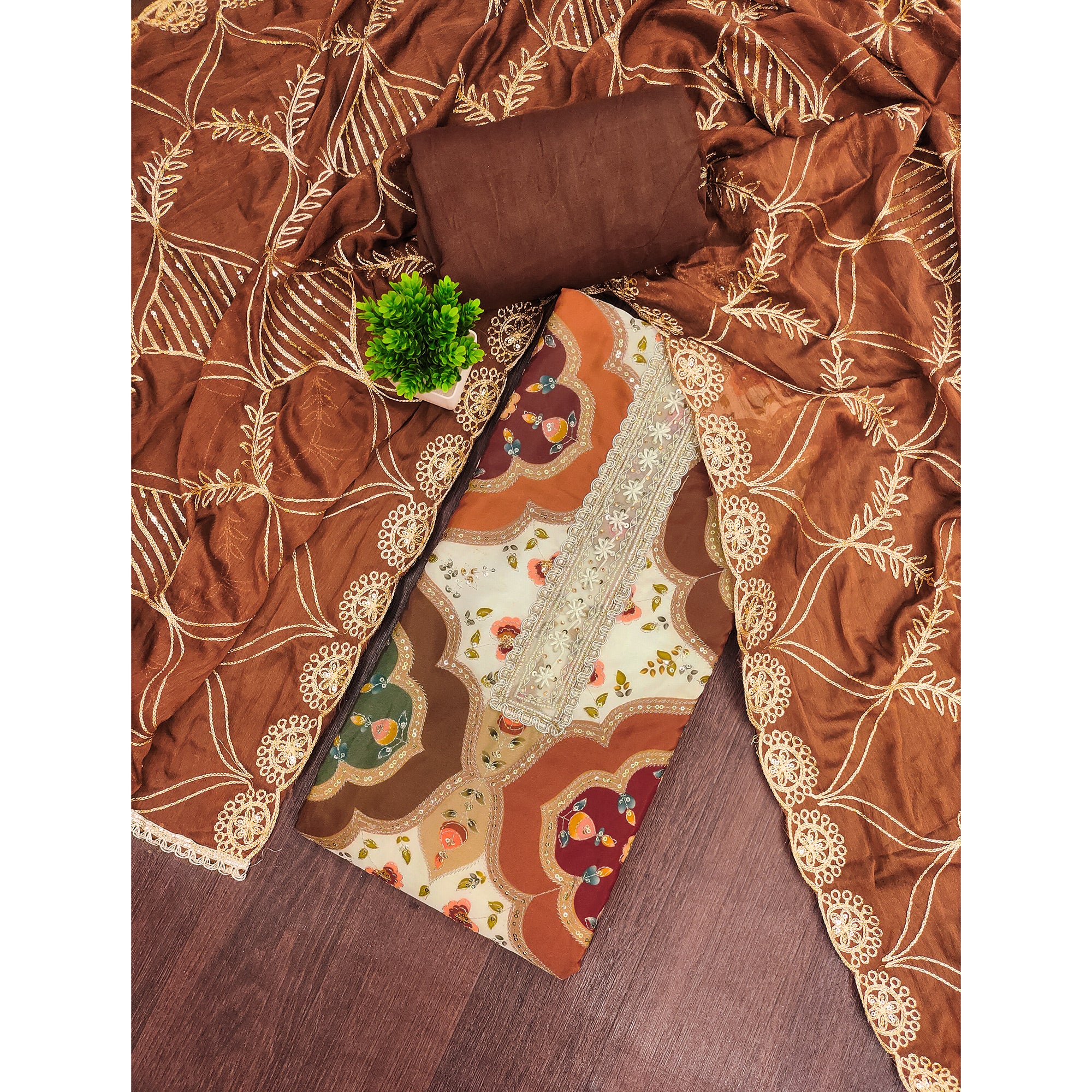 Classic Brown Floral Digital Printed Viscose Dress Material With Sequins Embroidery & Moti Handwork