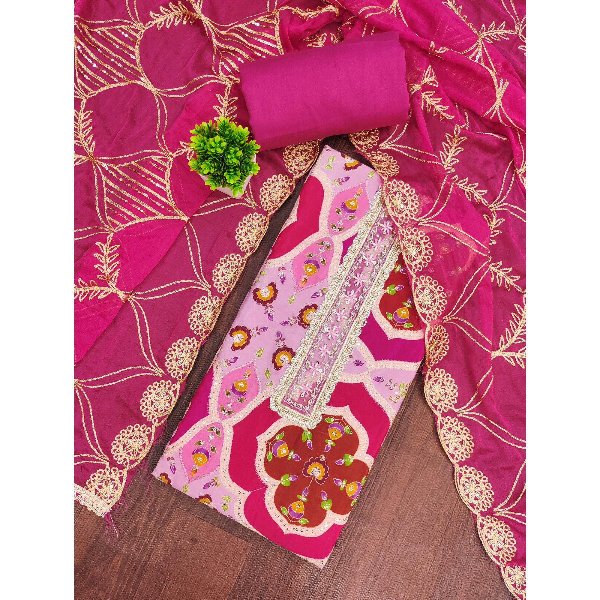 Classic Pink Floral Digital Printed Viscose Dress Material With Sequins Embroidery & Moti Handwork
