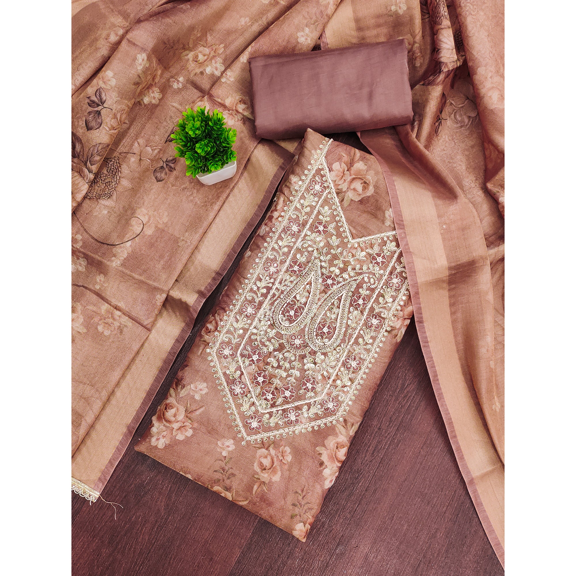 Classic Brown Floral Digital Printed Viscose Dress Material With Sequins Embroidery & Moti Handwork