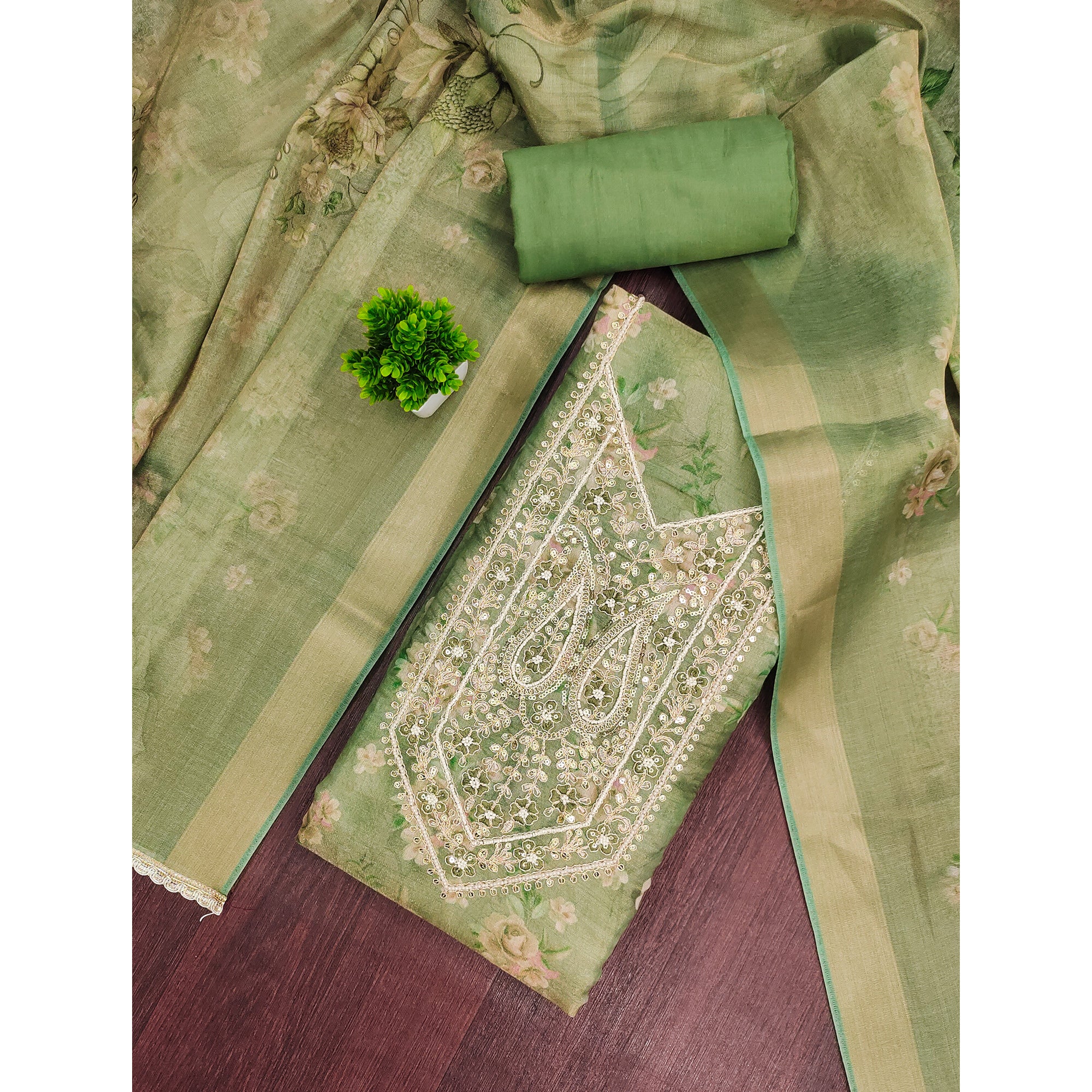 Classic Green Floral Digital Printed Viscose Dress Material With Sequins Embroidery & Moti Handwork