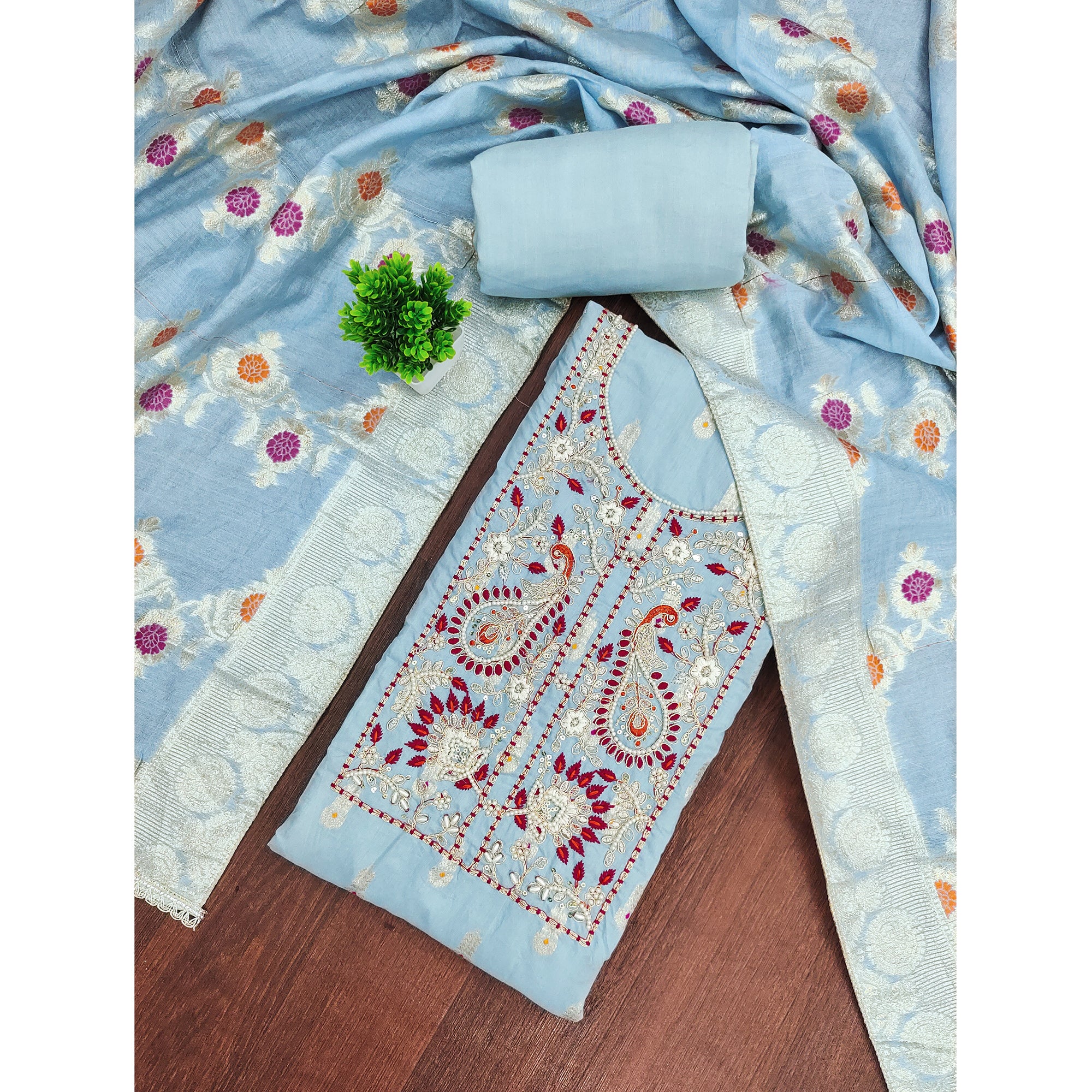 Timeless Blue Floral Weaving Muslin Dress Material With Elegant Sequins Embroidery & Moti Work