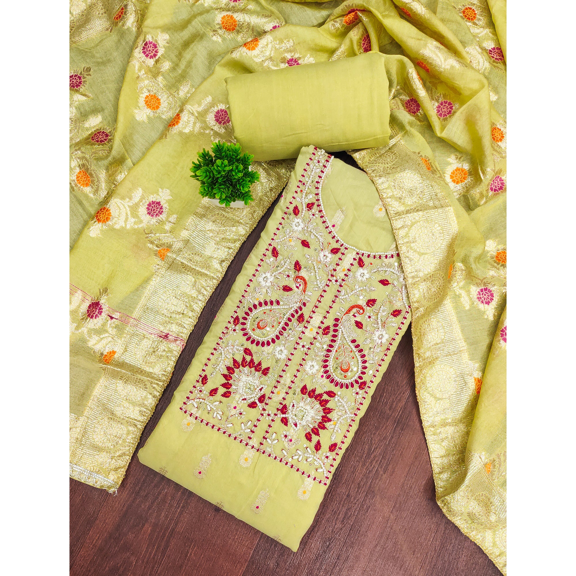 Timeless Lemon Green Floral Weaving Muslin Dress Material With Elegant Sequin Embroidery & Moti Work