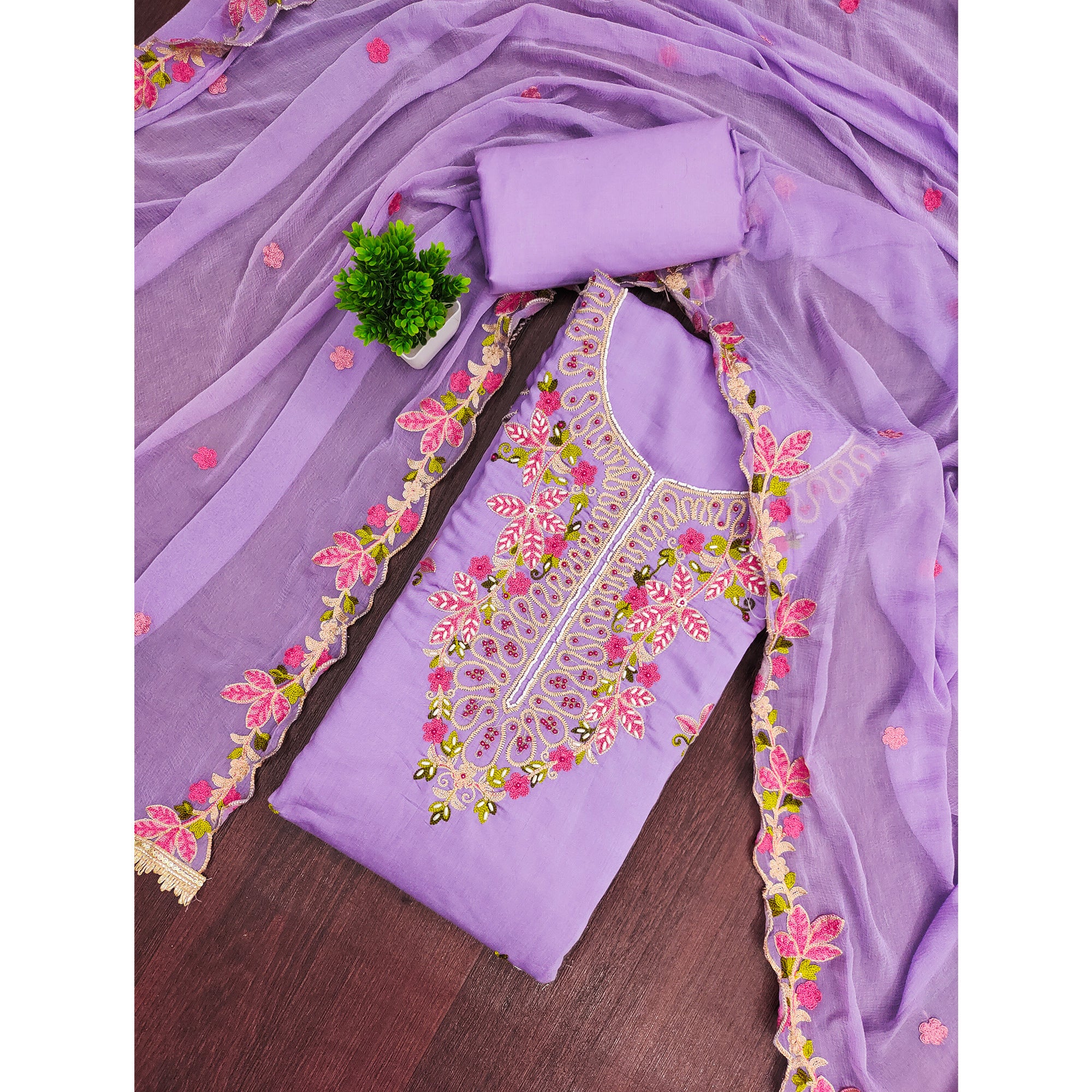 Charming Lavender Floral Embroidery Cotton Silk Dress Material Enhanced With Elegant Moti Handwork