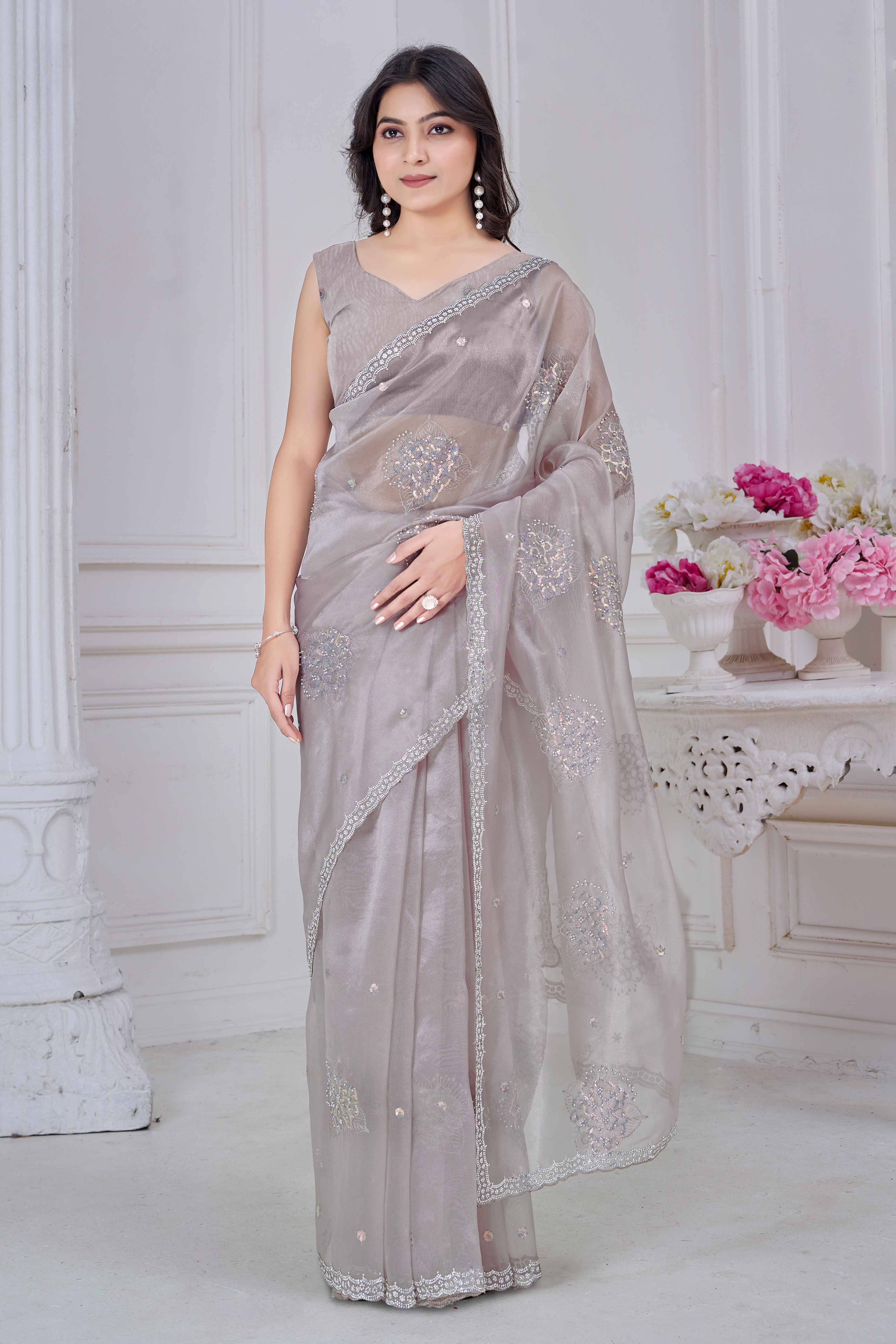 Pale Silver Sequins & Moti Work Organza Saree With Elegant Zarkan Border Detailing