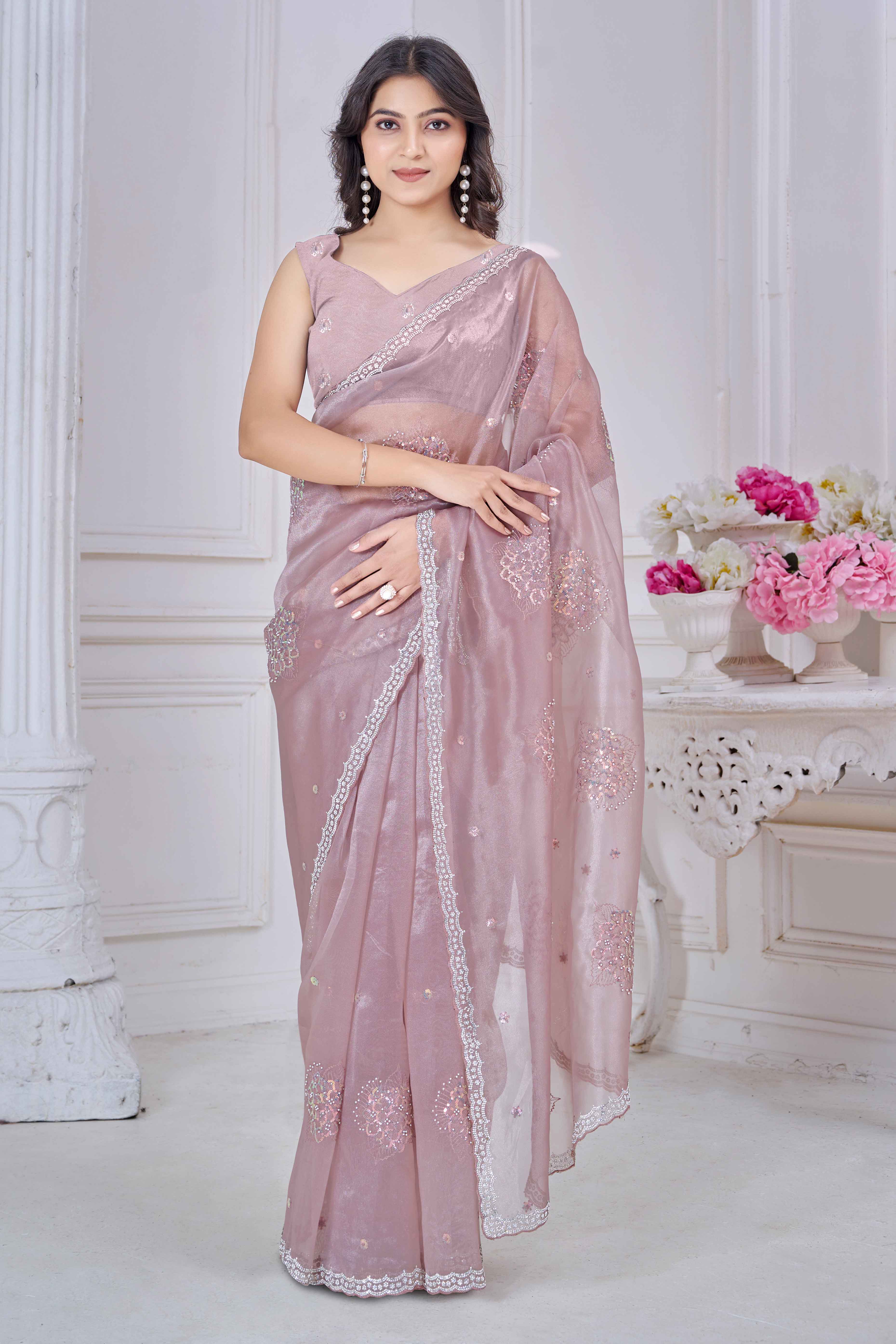 Onion Pink Sequins & Moti Work Organza Saree With Elegant Zarkan Border Detailing