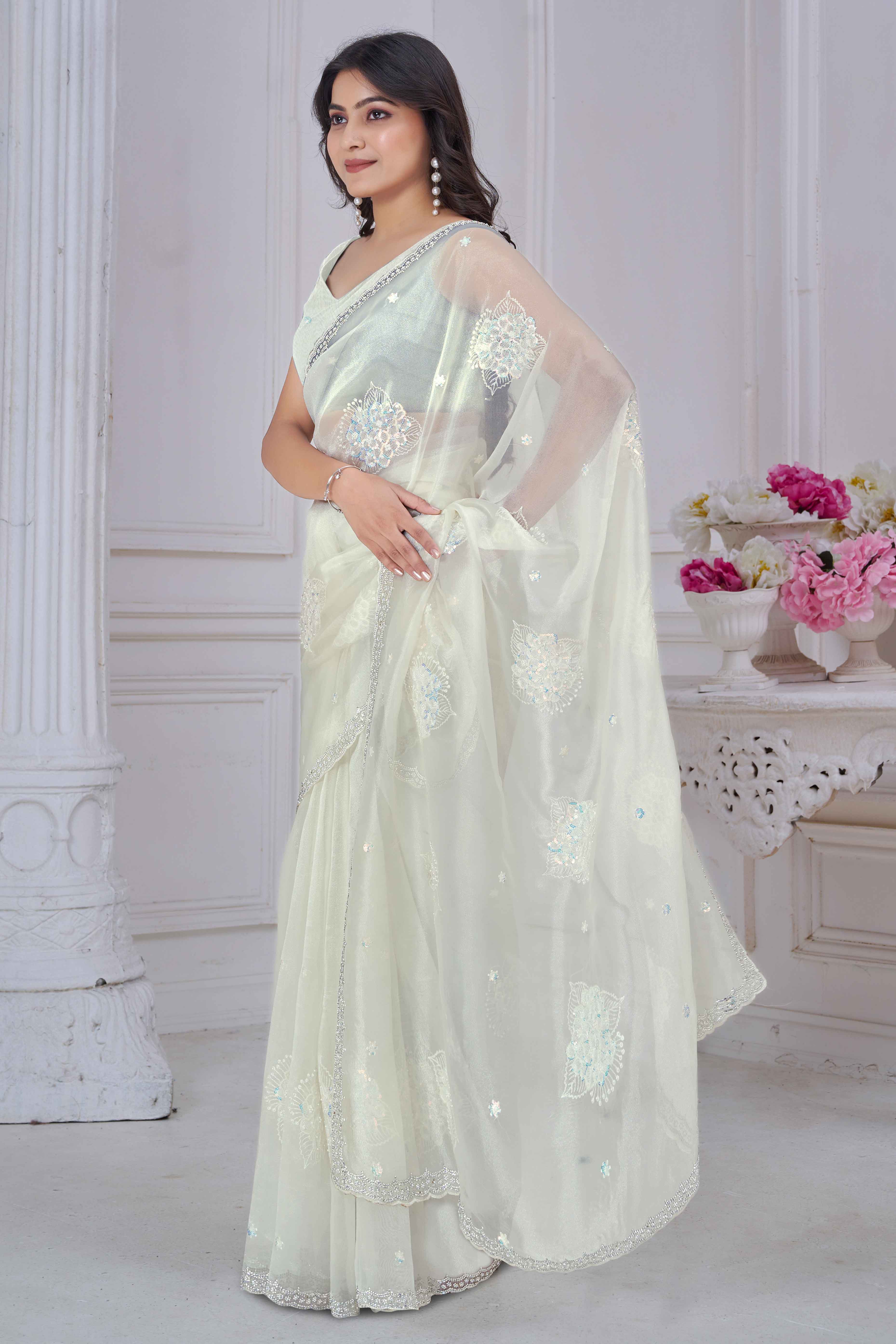 Offwhite Sequins & Moti Work Organza Saree With Elegant Zarkan Border Detailing