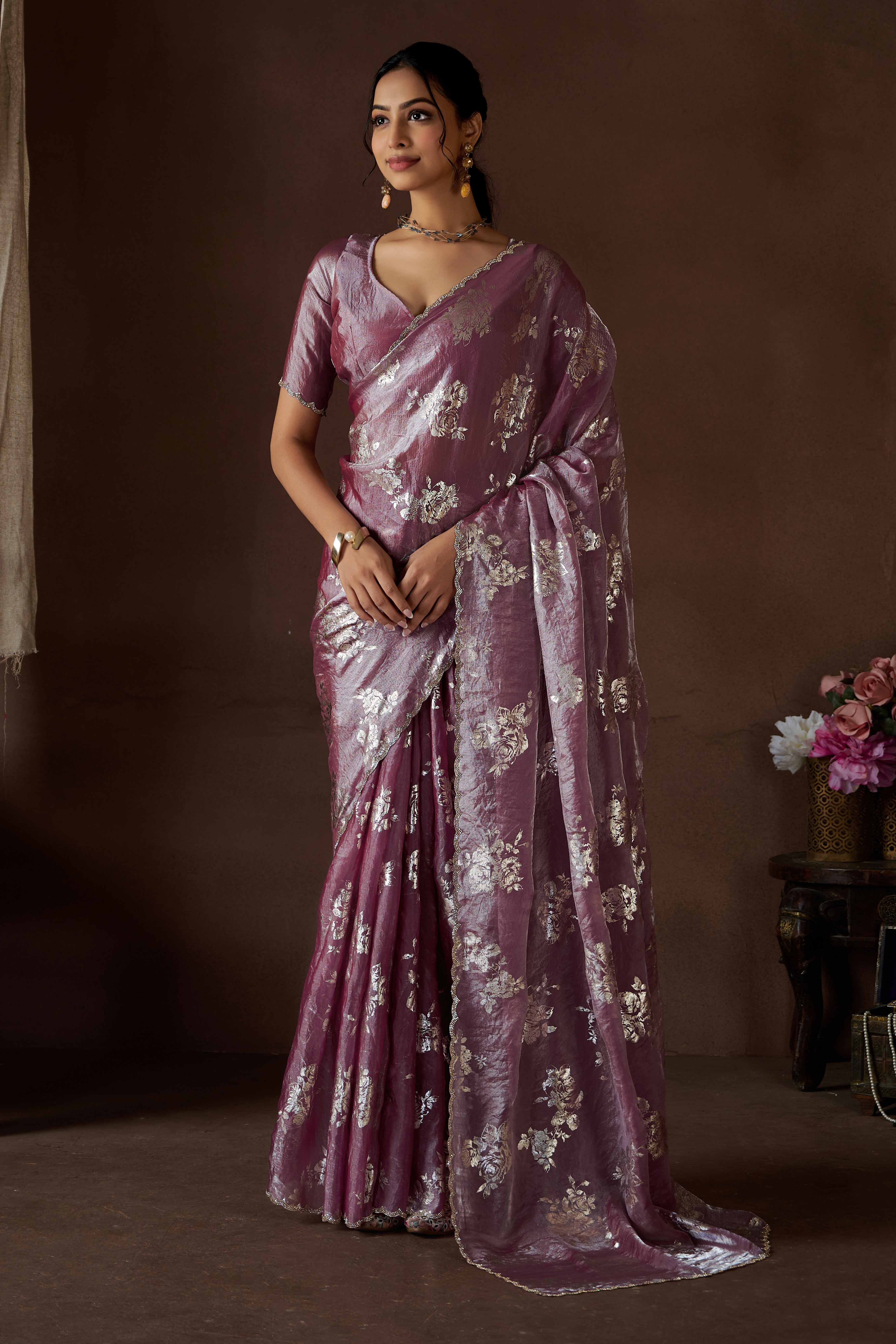 Wine Floral Foil Printed Satin Silk Saree With Zarkan Border