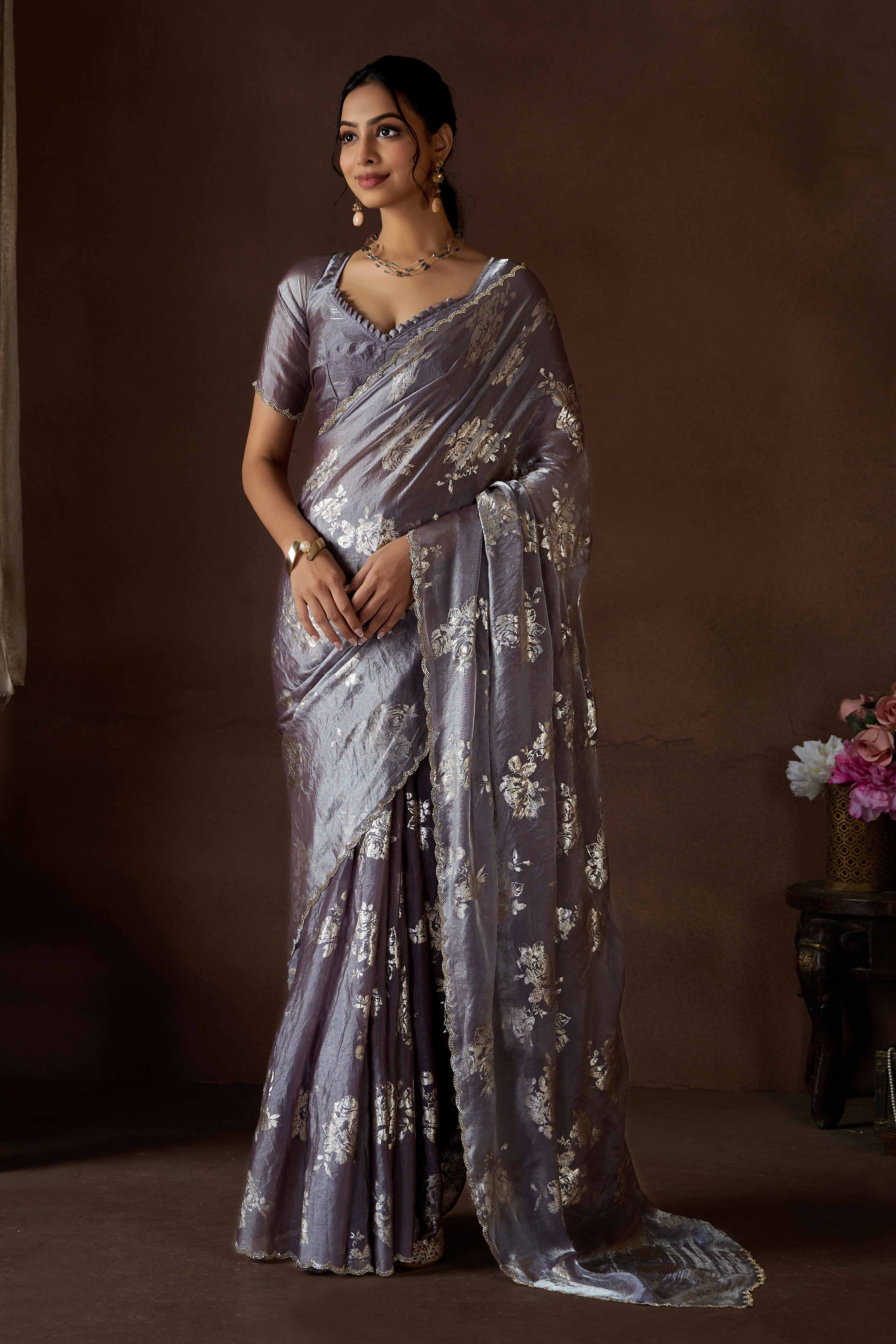 Grey Floral Foil Printed Satin Silk Saree With Zarkan Border