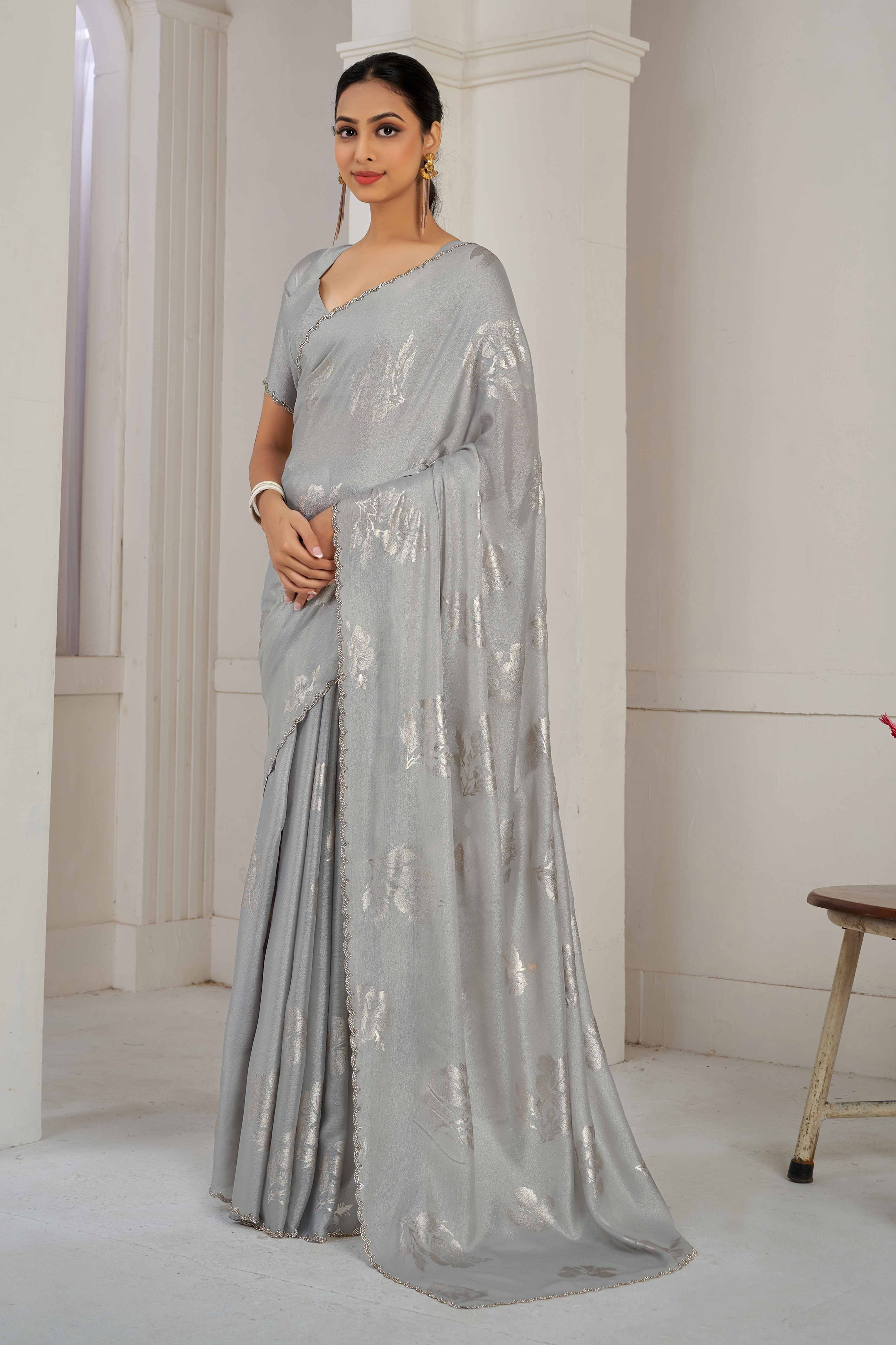 Grey Floral Printed Stone Work Satin Saree