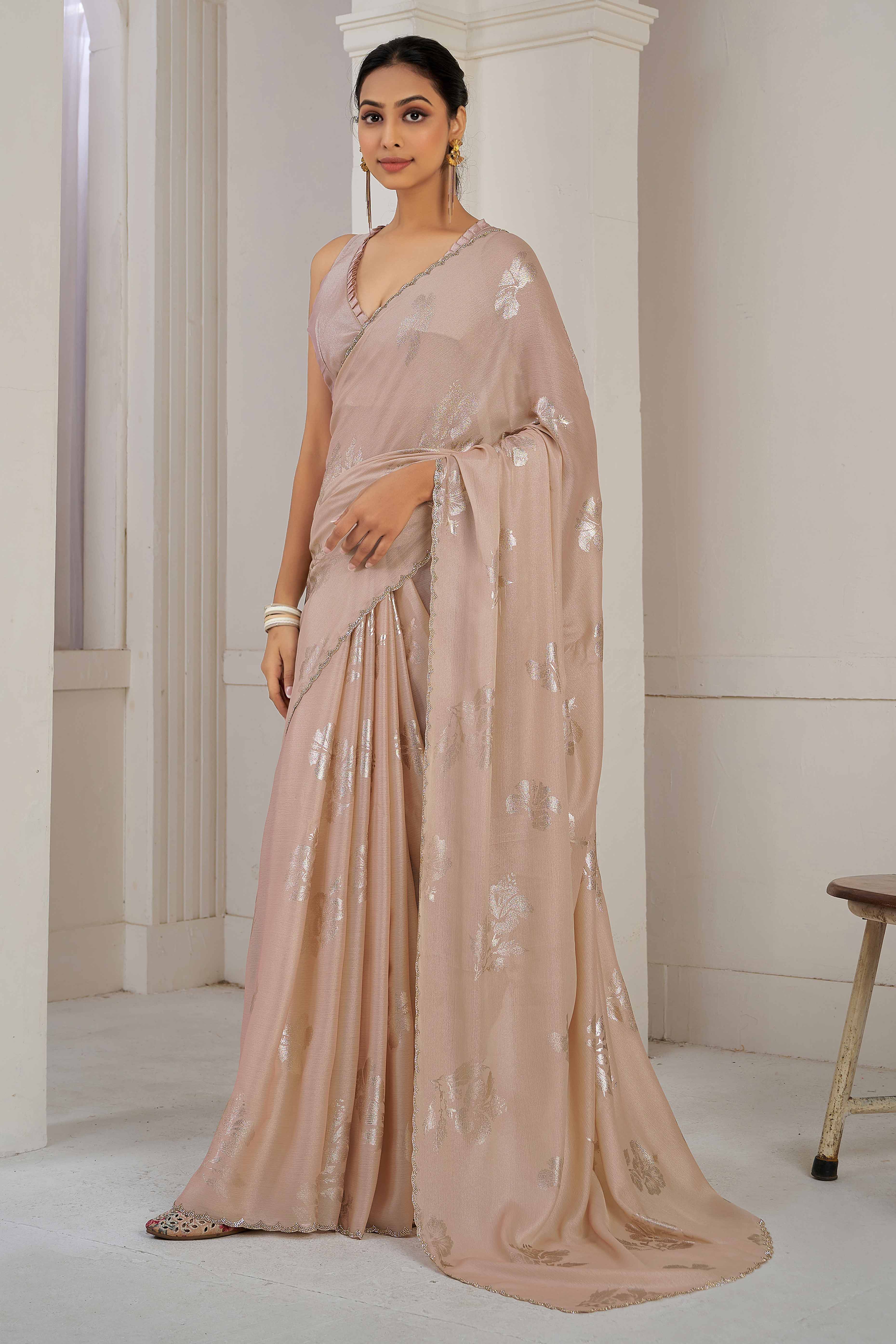Beige Floral Printed Stone Work Satin Saree