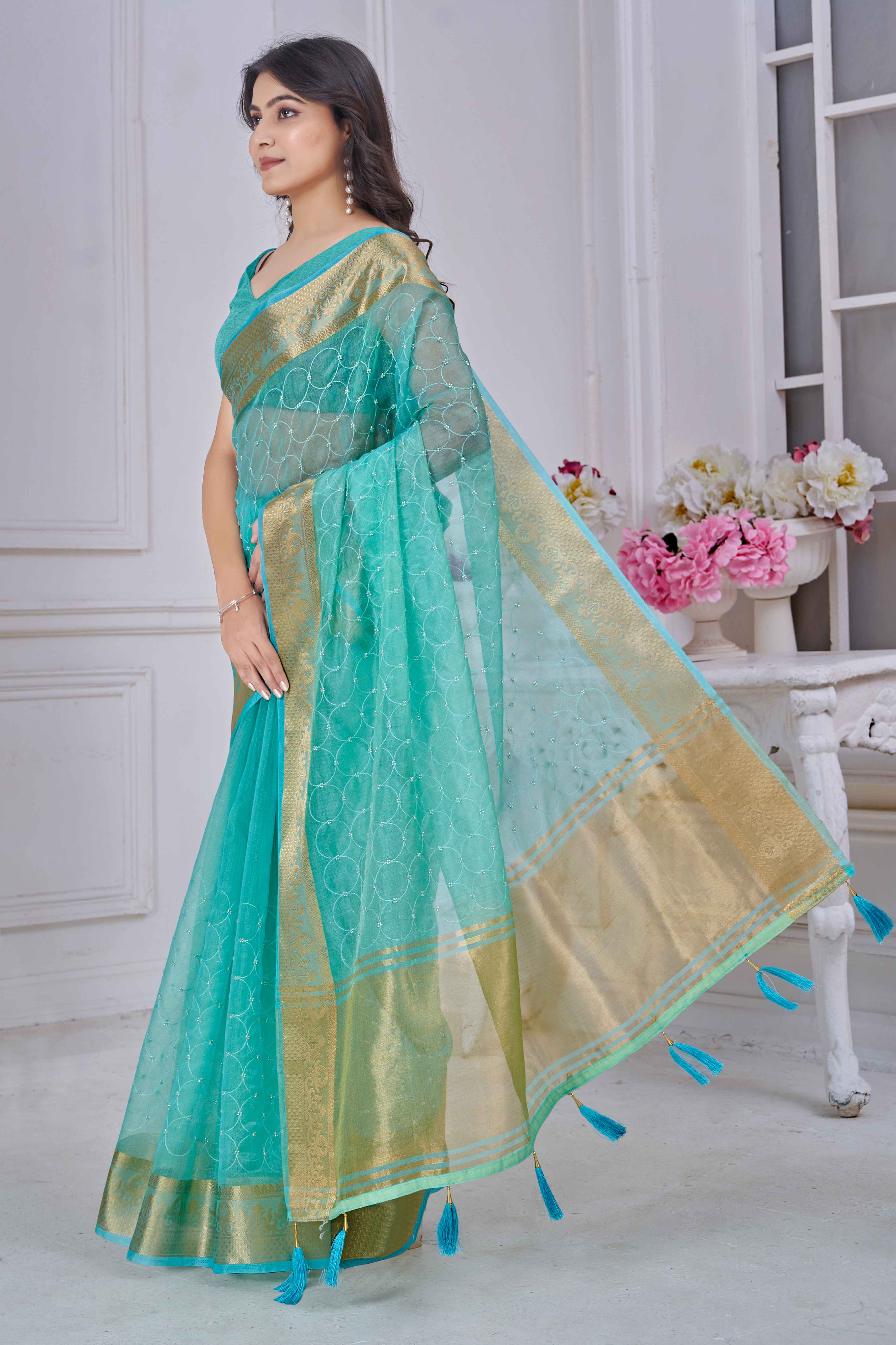 Turquoise Pure Jacquard Saree Weaving with Delicate Beads and Embroidery