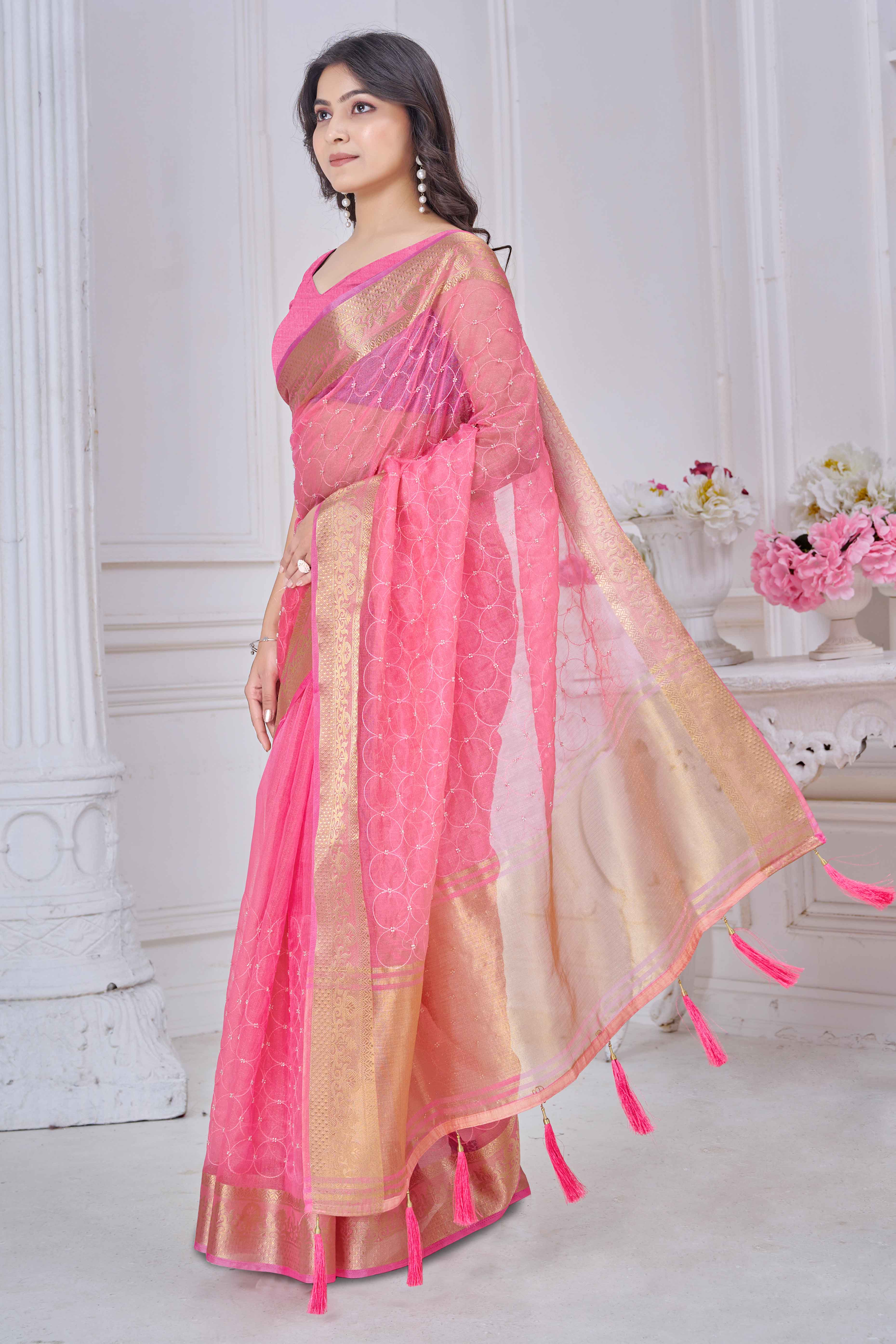 Pink Pure Jacquard Saree Weaving with Delicate Beads and Embroidery