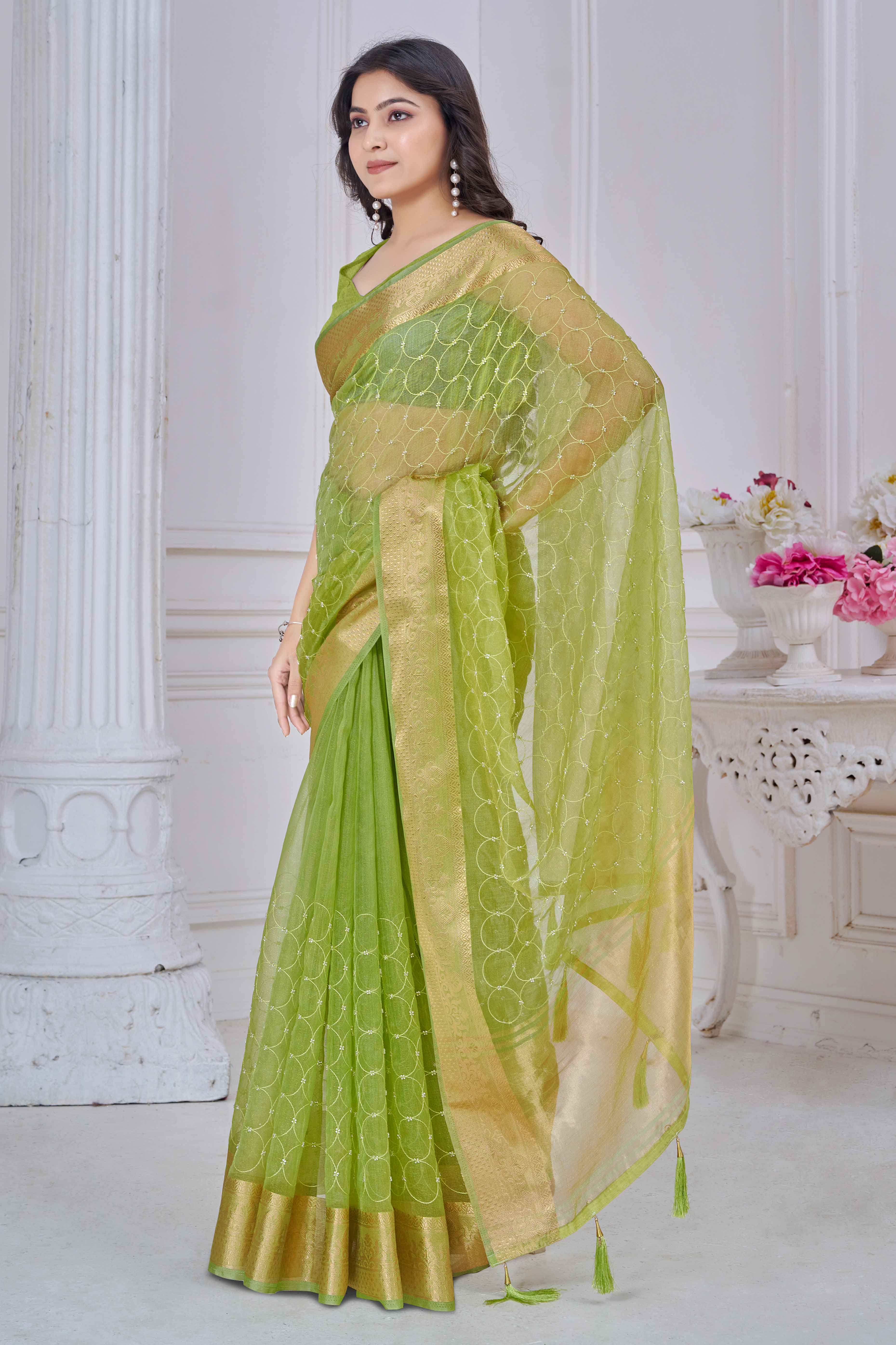 Green Pure Jacquard Saree Weaving with Delicate Beads and Embroidery