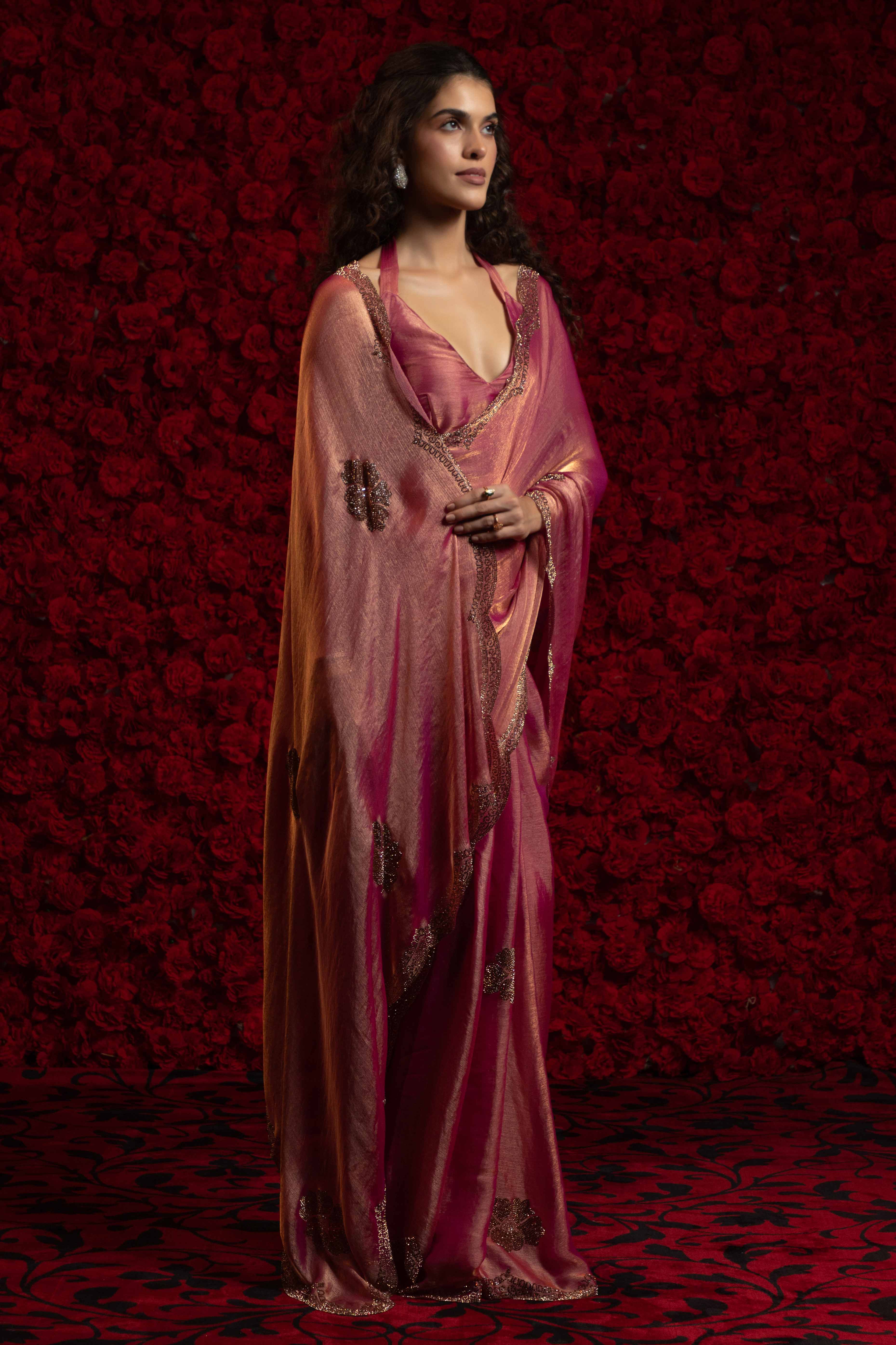 Magenta Stone Work Embellished Satin Chiffon Partywear Saree