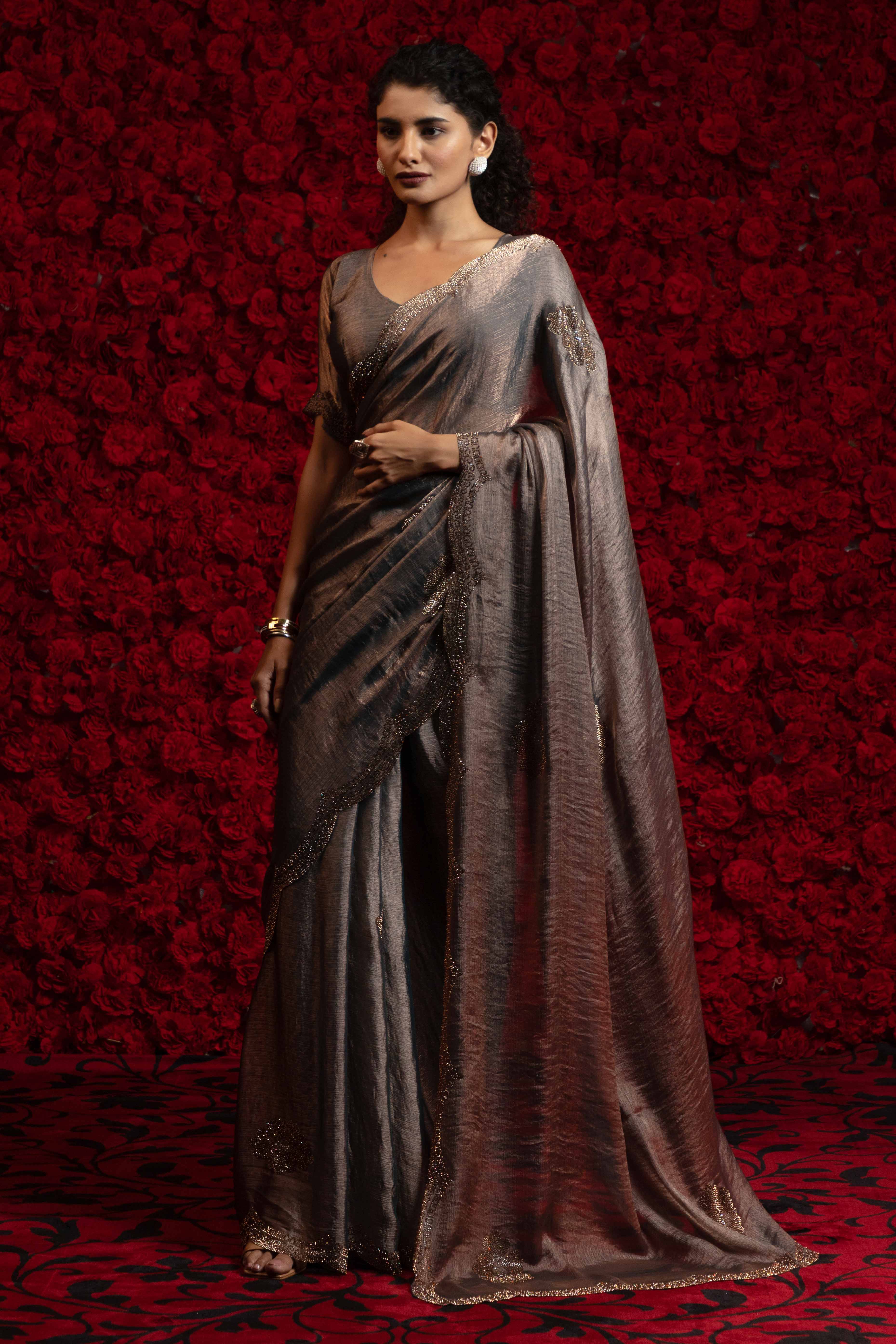 Silver Grey Stone Work Embellished Satin Chiffon Partywear Saree