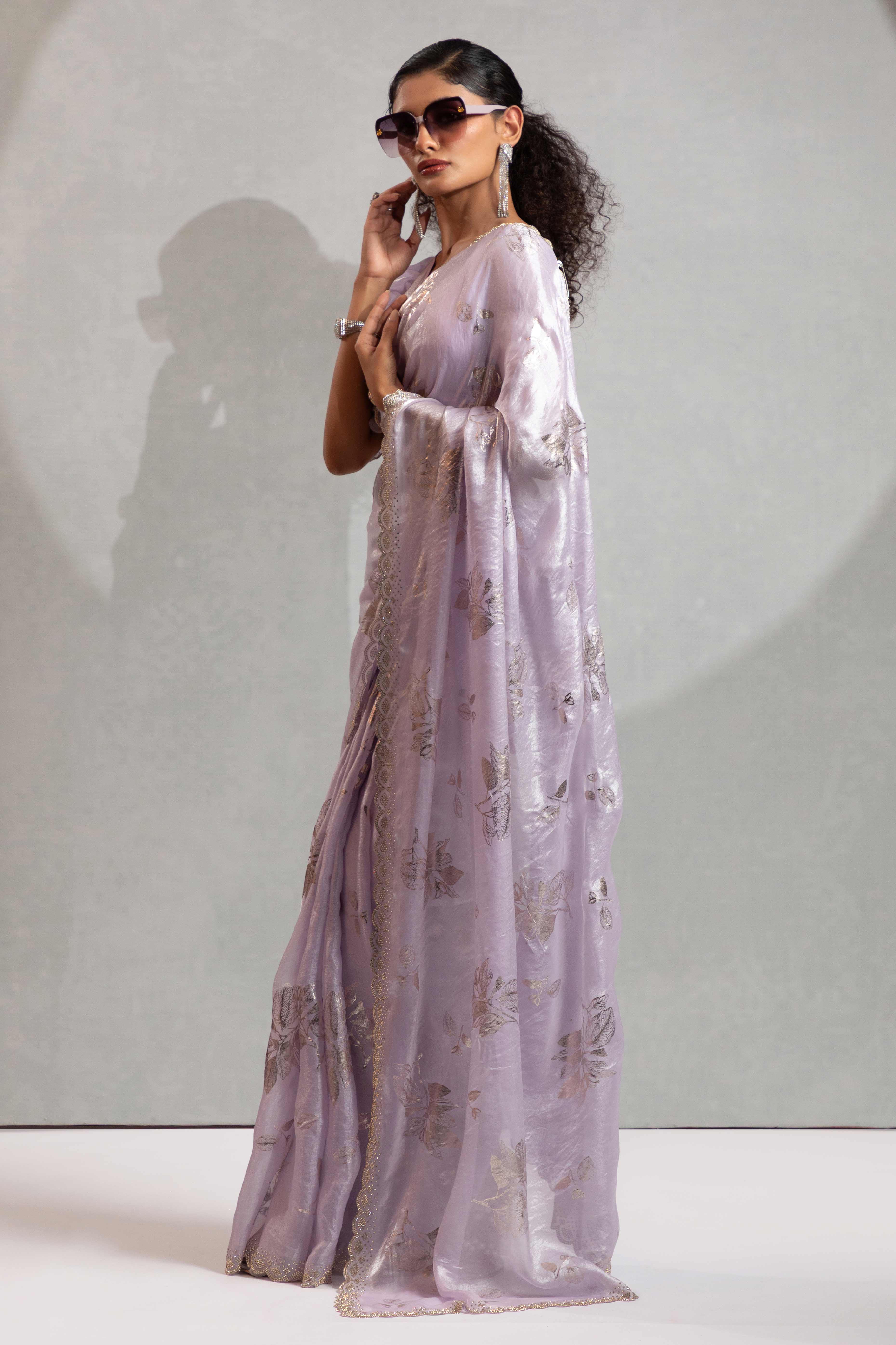 Designer Lavender Satin Silk Saree Adorned with Foil & Stone Embellishments