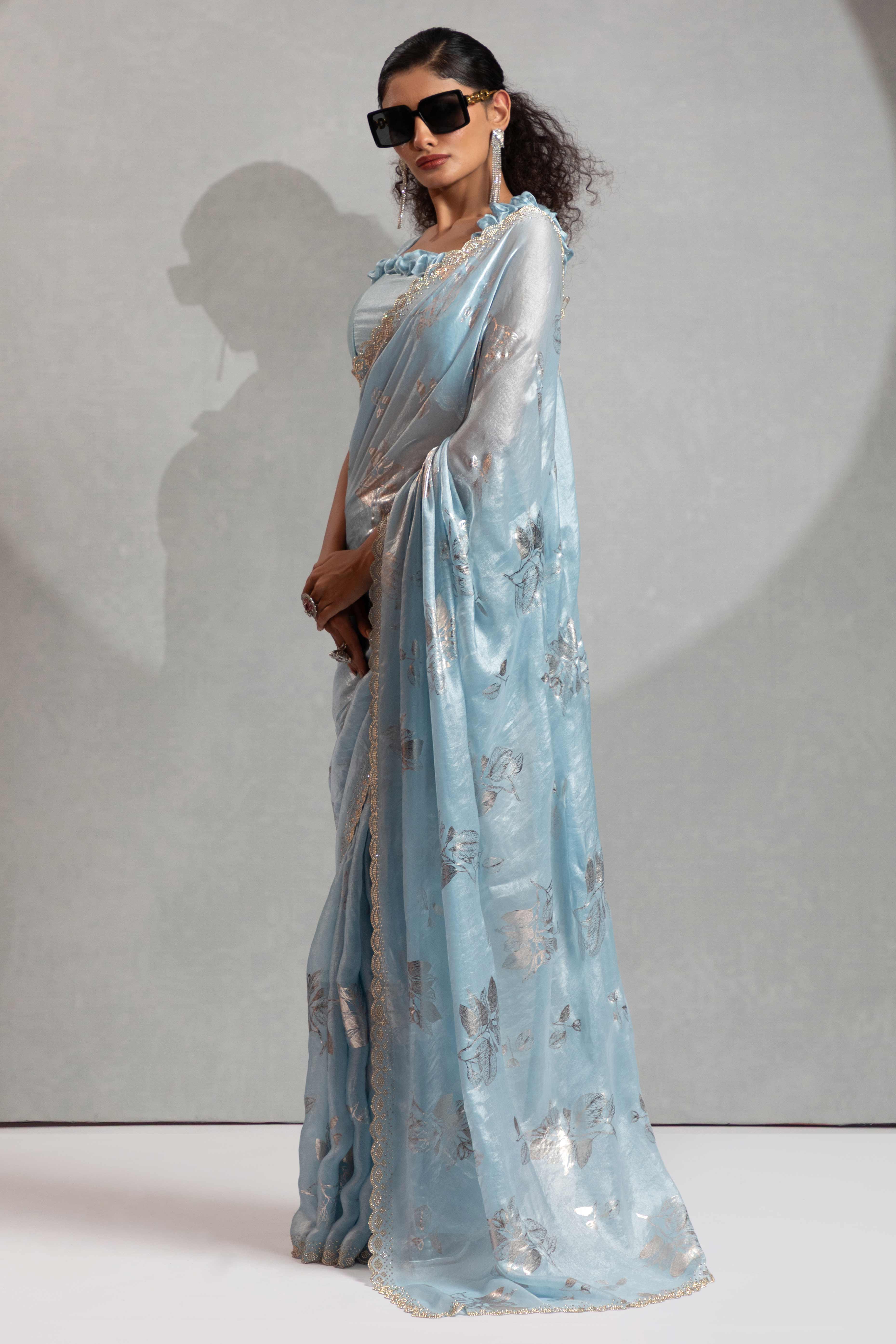 Designer Sky Blue Satin Silk Saree Adorned with Foil & Stone Embellishments