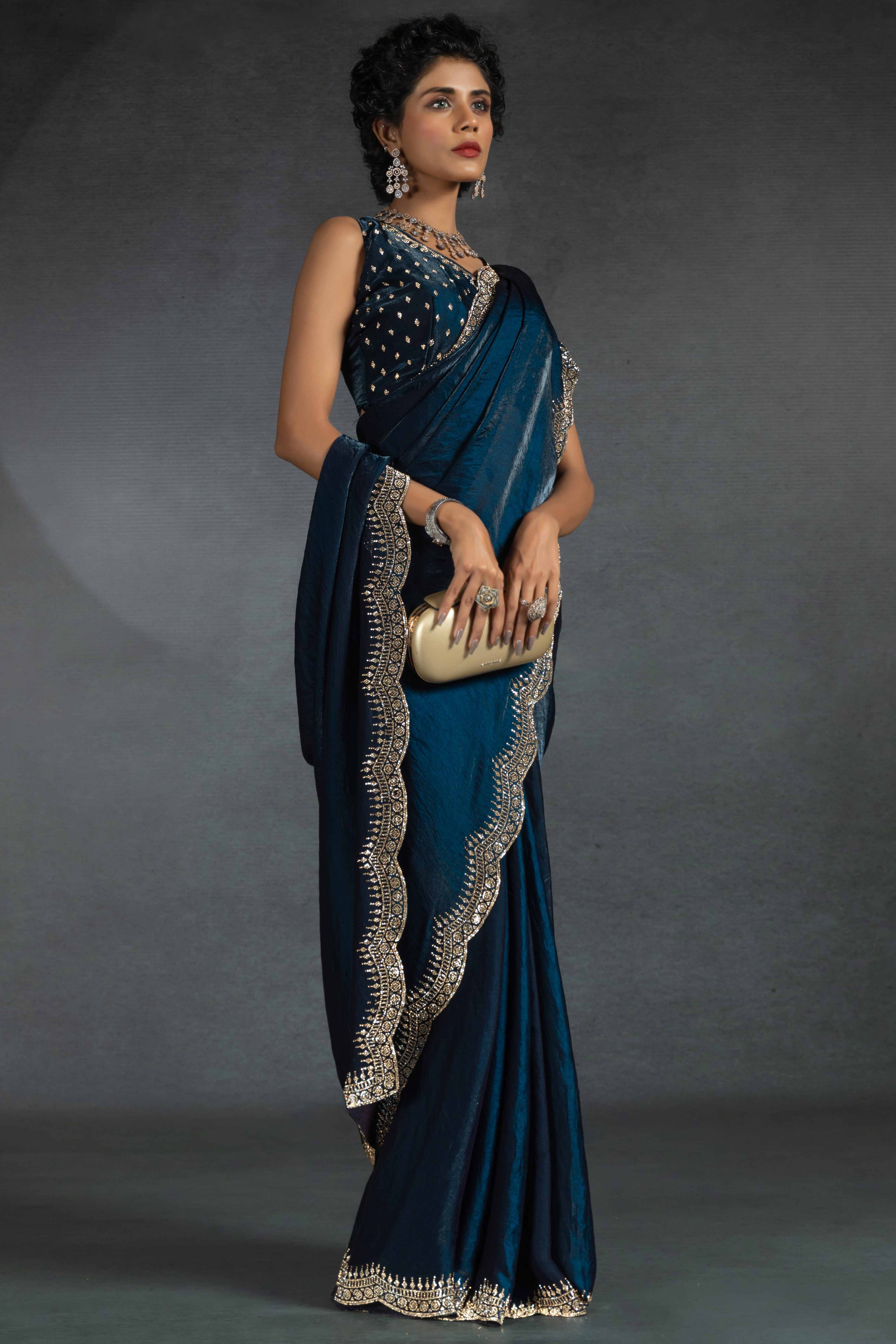 Blue Satin Saree Embellished with Stones for a Party Look