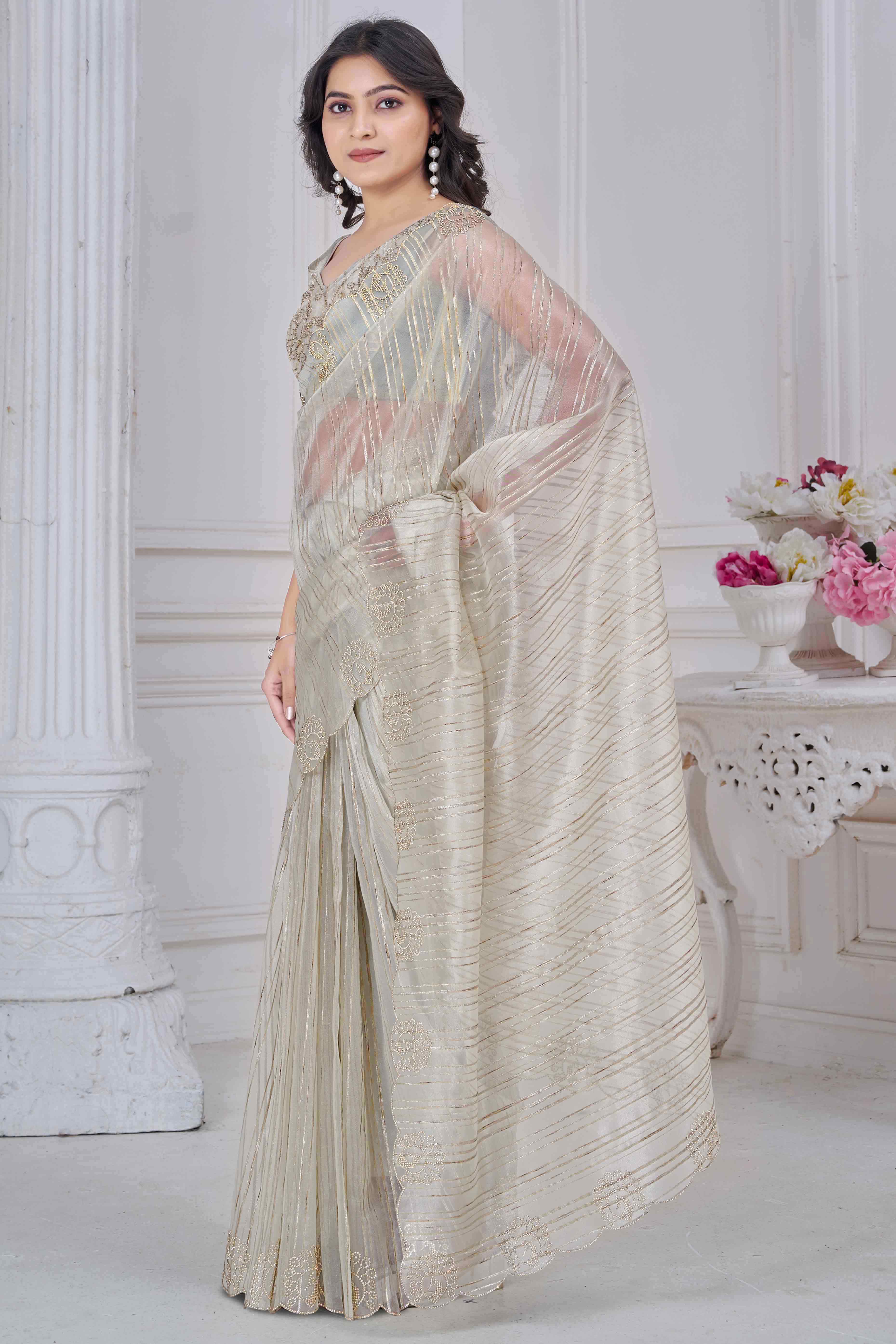 Light Beige Cotton Blend Saree with Modern Stripes and Delicate Stone Embroidery