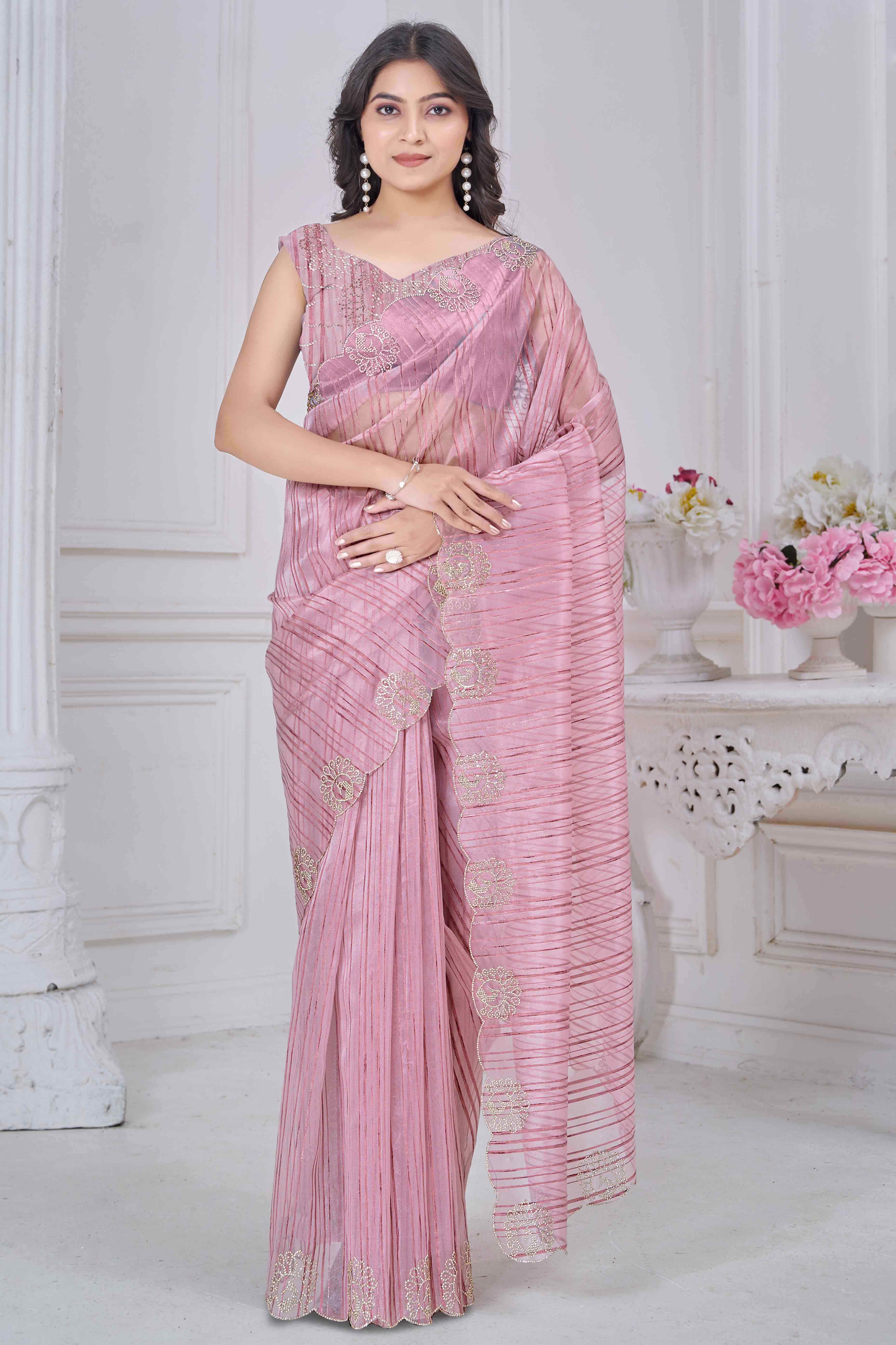 Pink Cotton Blend Saree with Modern Stripes and Delicate Stone Embroidery
