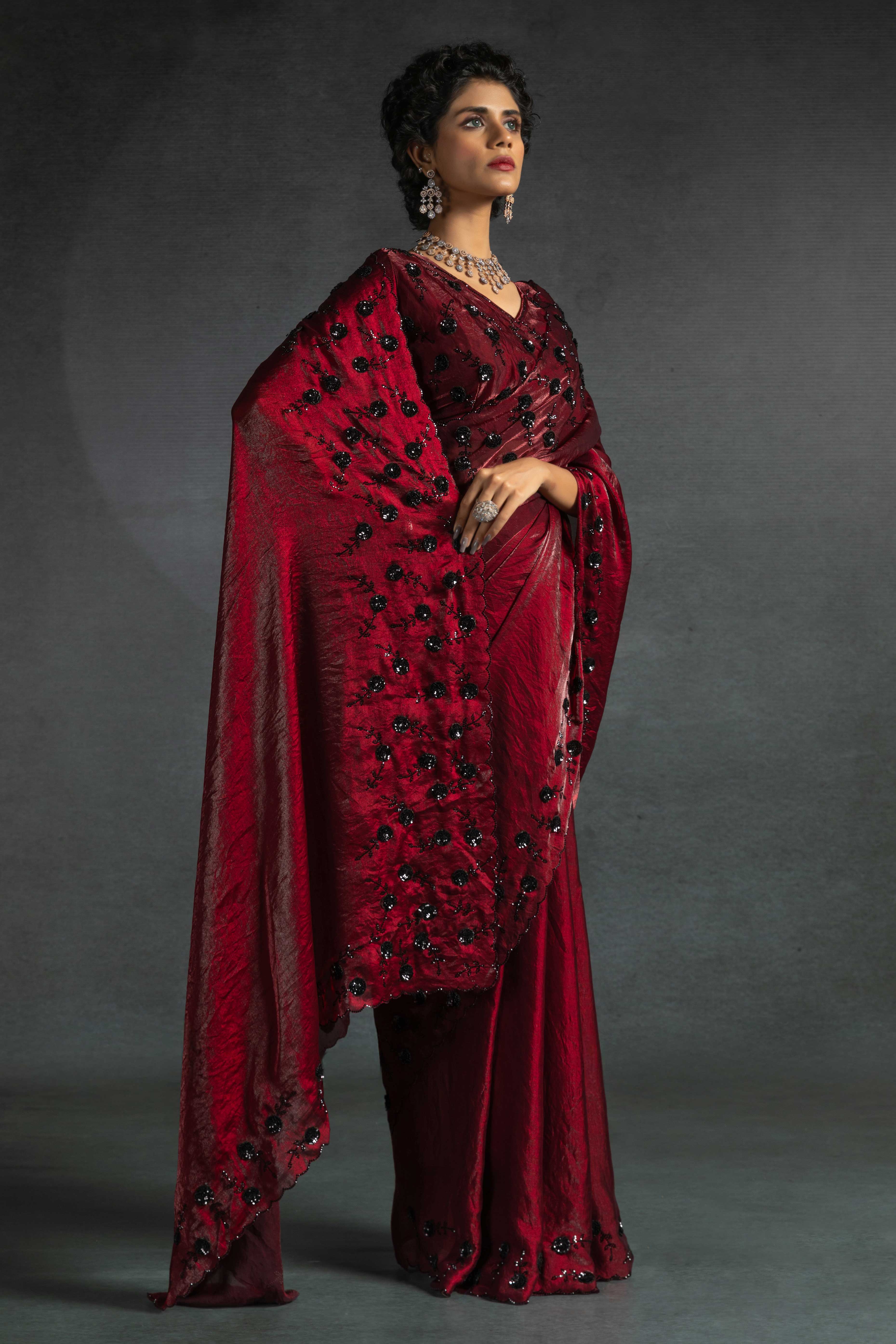 Maroon Satin Saree with Stone and Sequin Embellishment