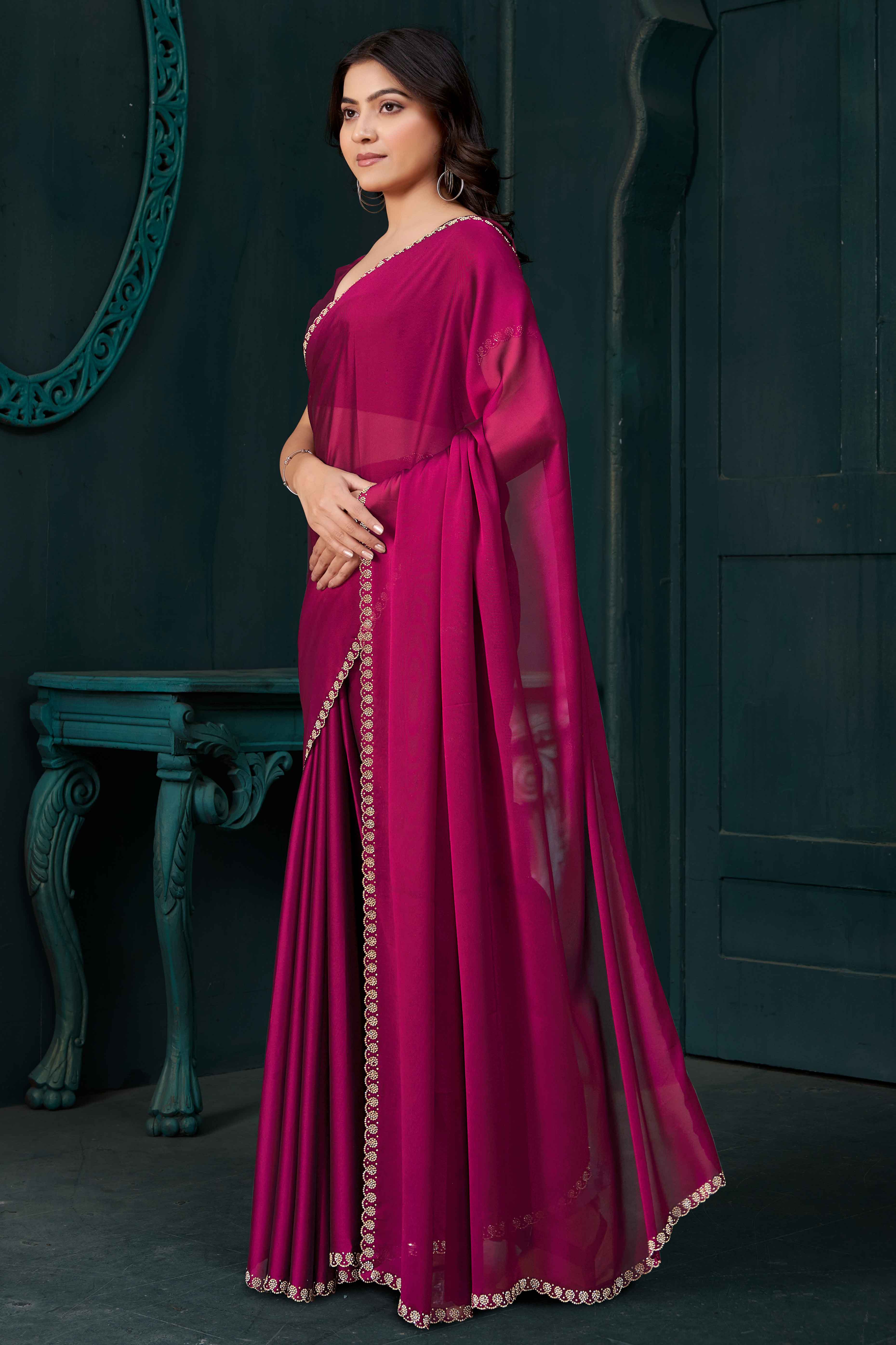 Magenta Crepe Silk Solid Saree With Elegant Zarkan Border Detailing