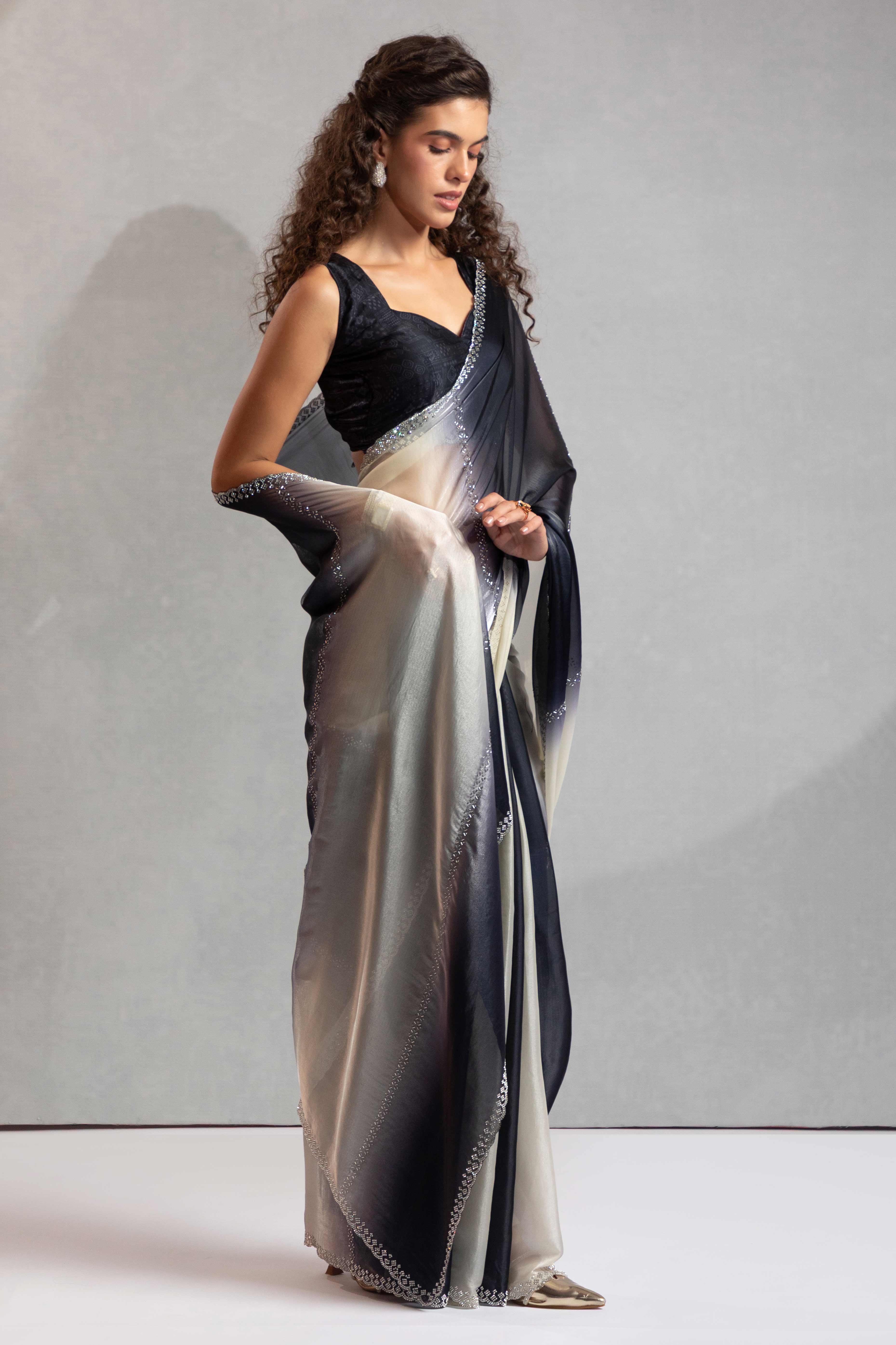 Black & Off White Satin Silk Saree Decorated With Stone Embellishments