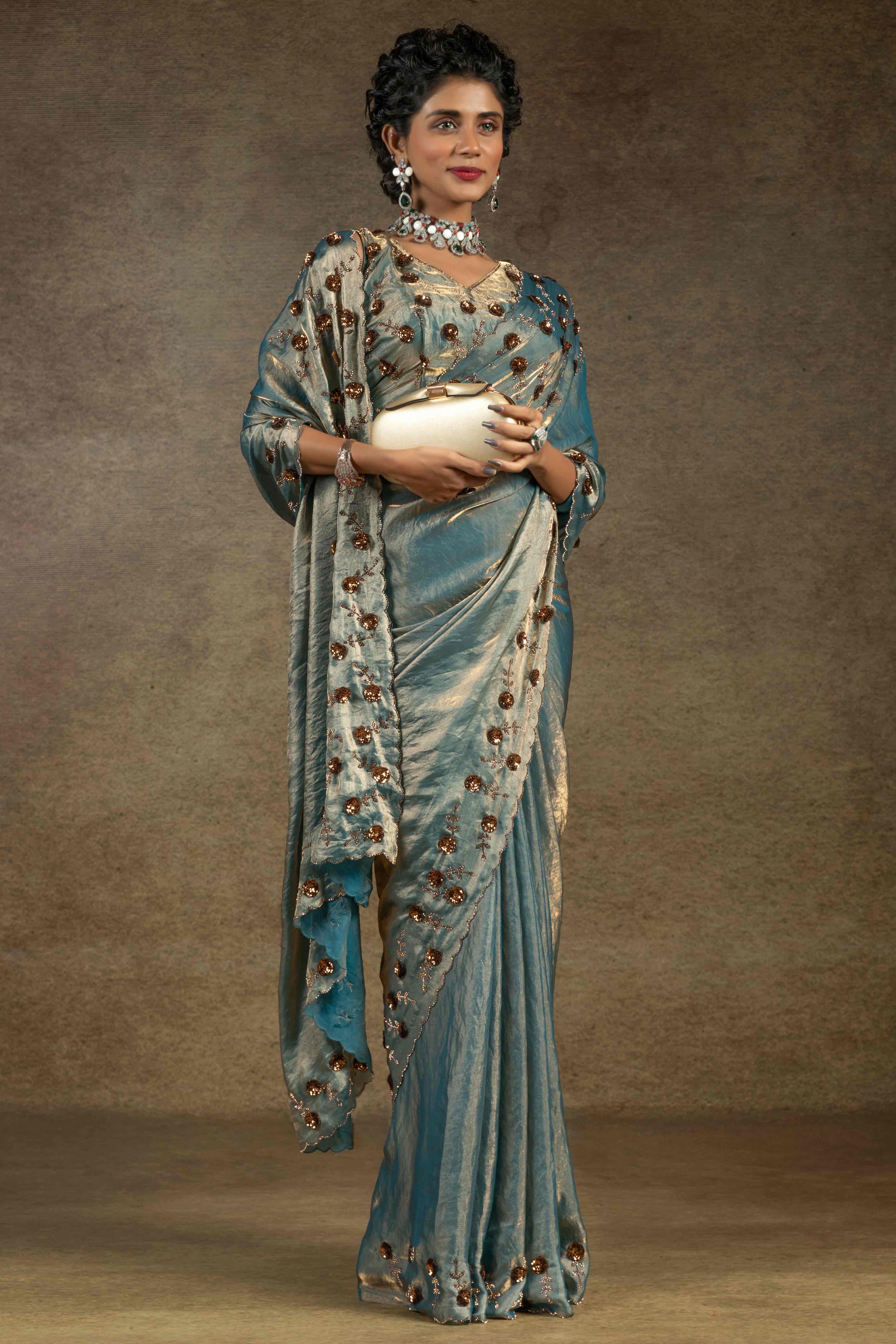 Blue Zarkan With Sequin & Beads Work Satin Silk Two Tone Saree