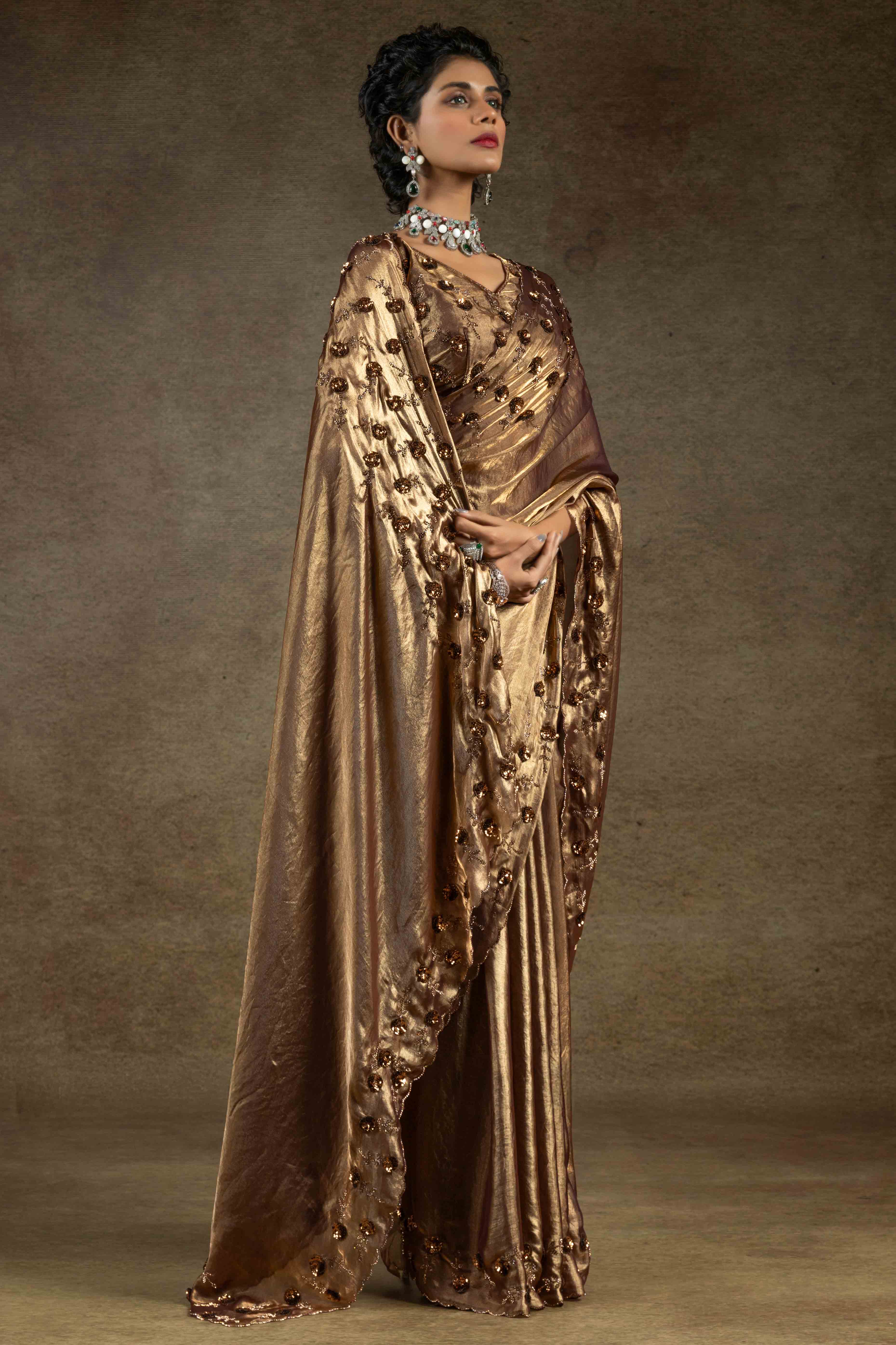 Golden Zarkan With Sequin & Beads Work Satin Silk Two Tone Saree