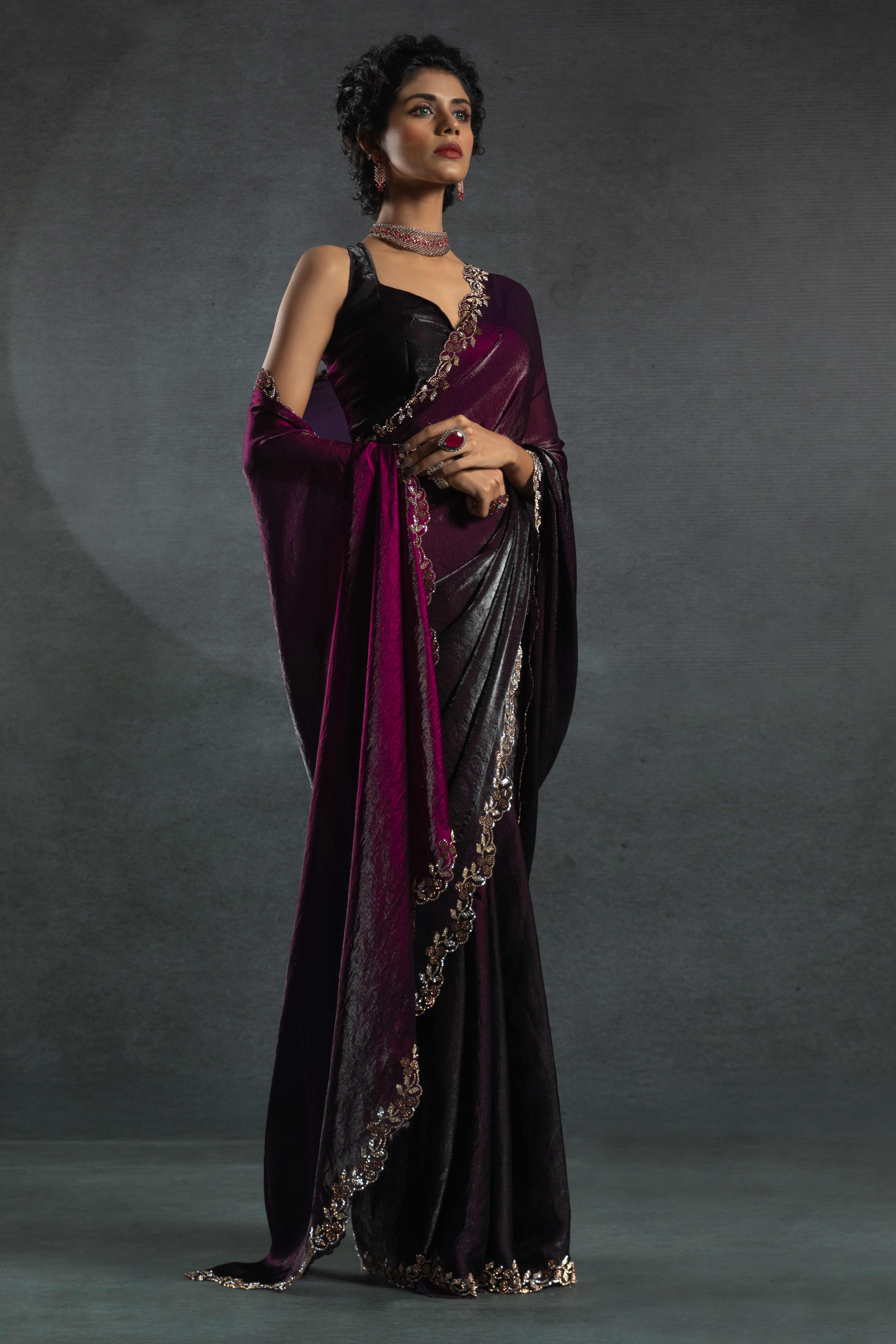 Purple Satin Silk Two Tone Saree with Intricate Zarkan Embellishments