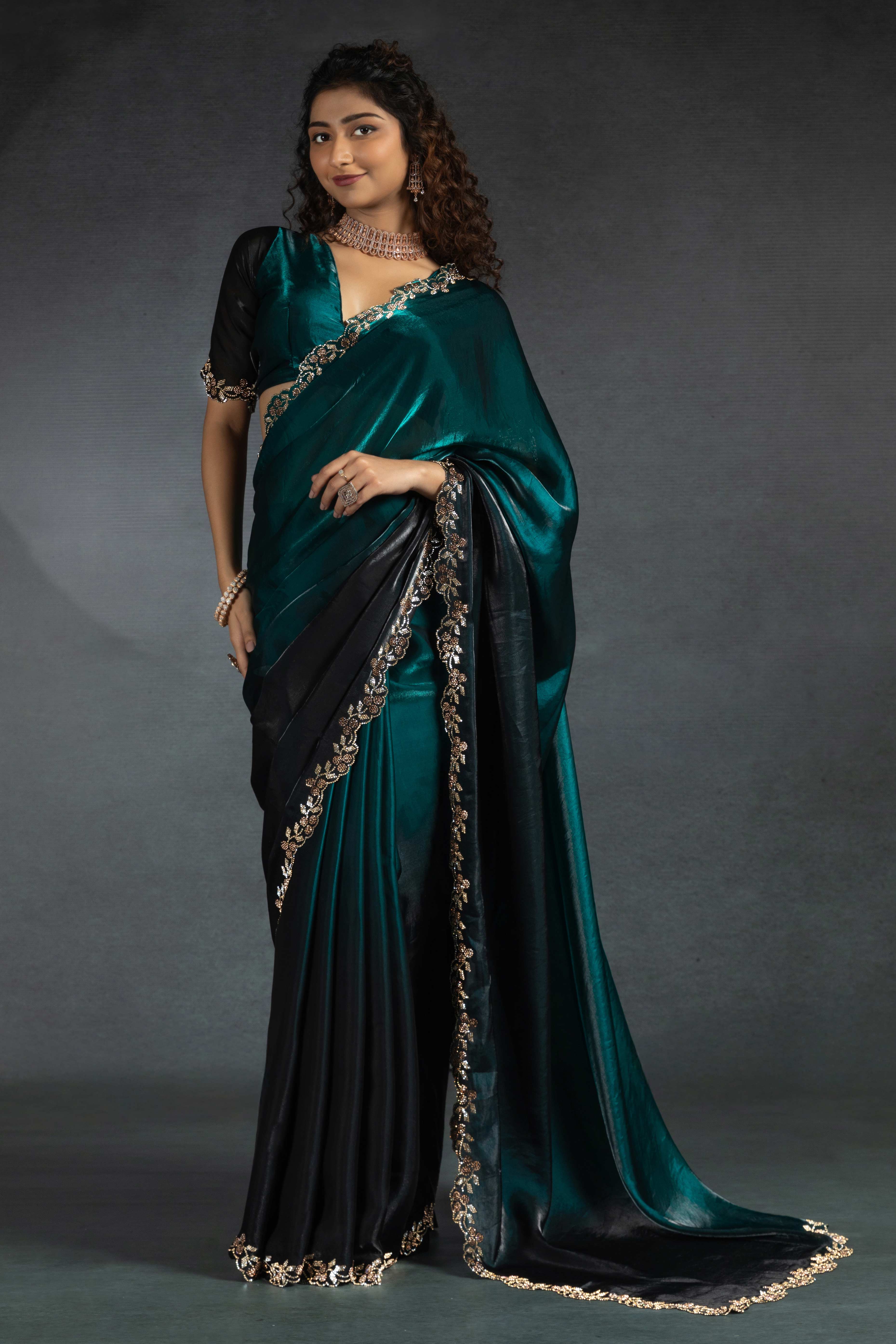 Teal Satin Silk Two Tone Saree with Intricate Zarkan Embellishments