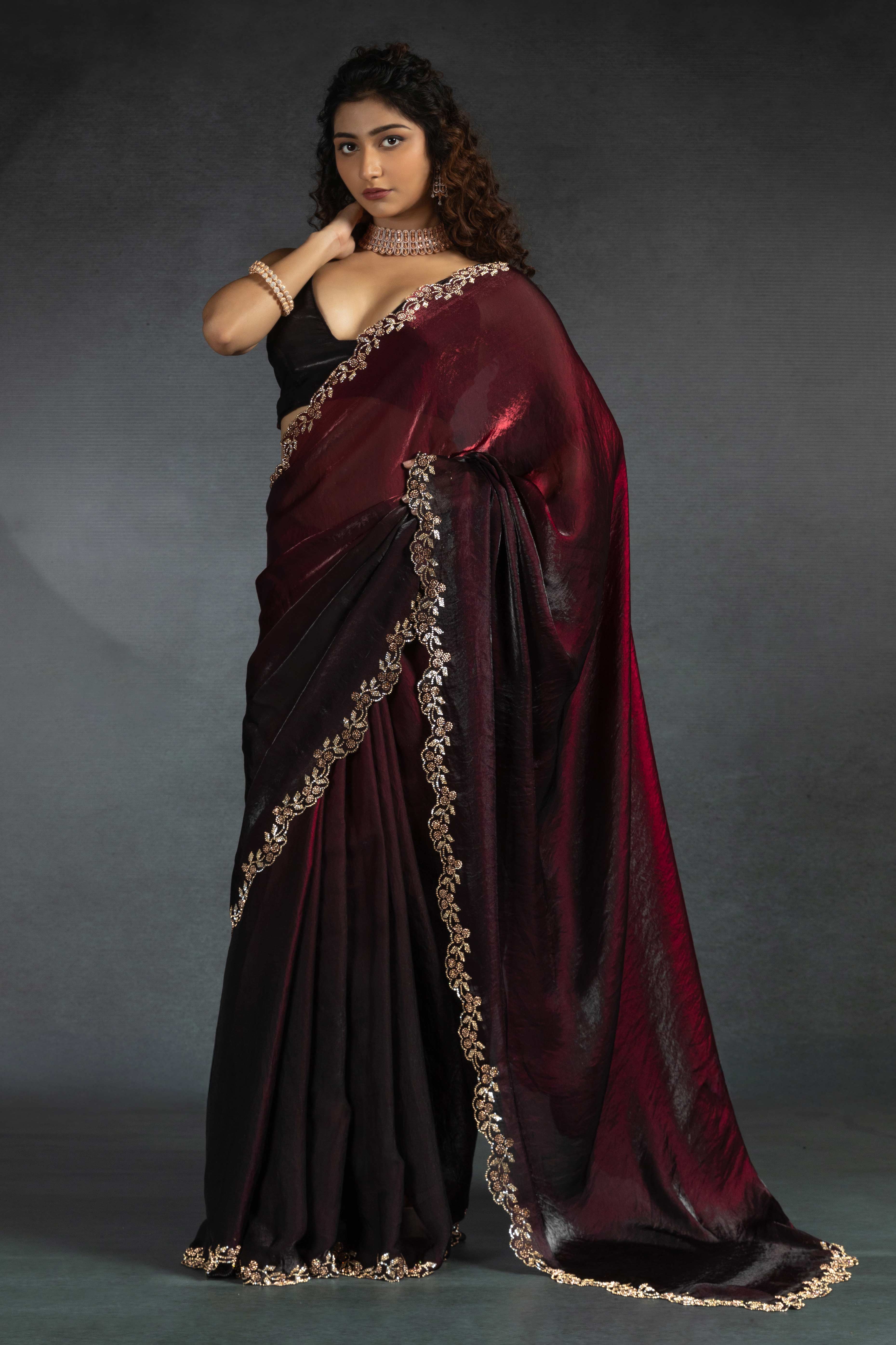 Maroon Satin Silk Two Tone Saree with Intricate Zarkan Embellishments