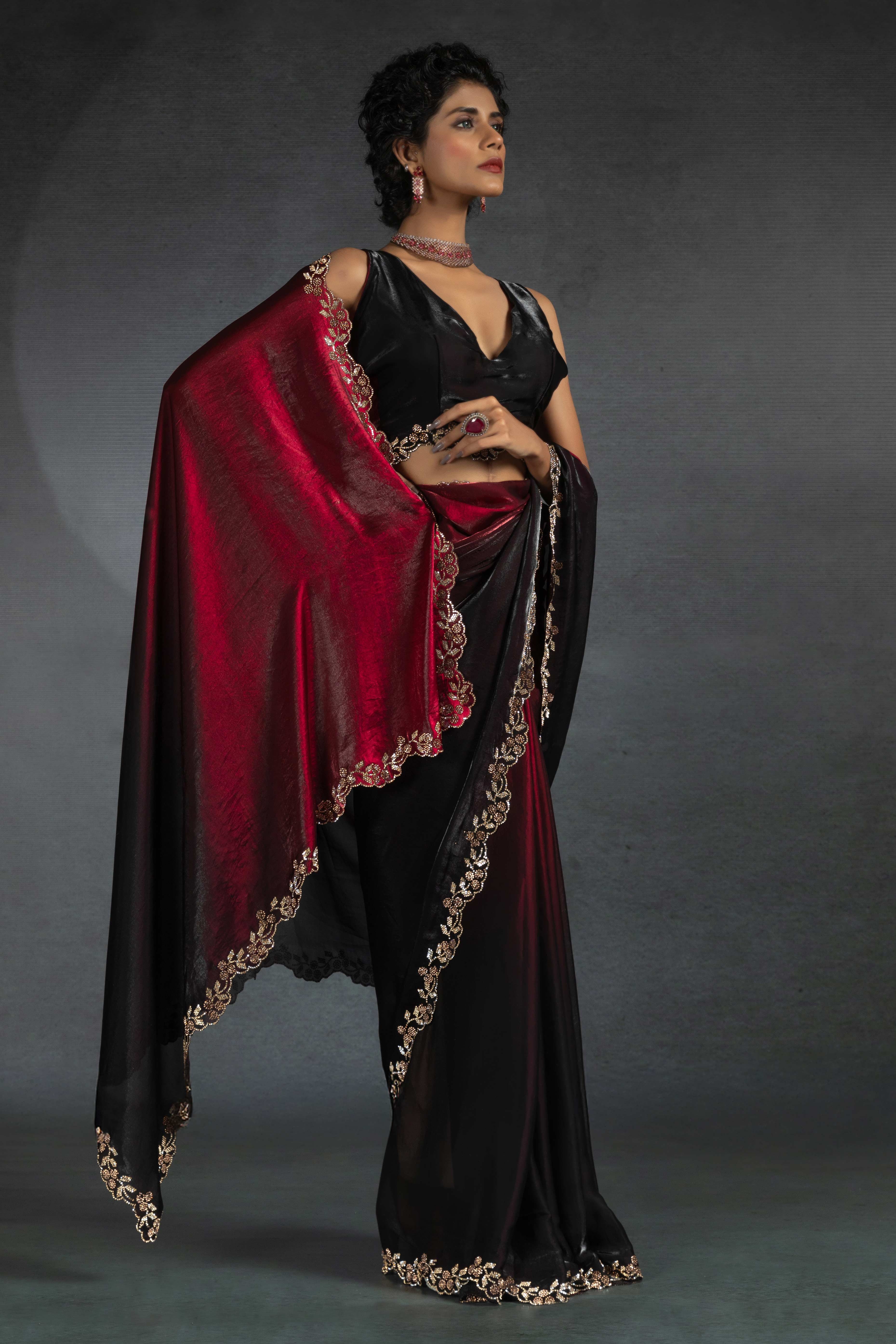 Cherry Red Satin Silk Two Tone Saree with Intricate Zarkan Embellishments