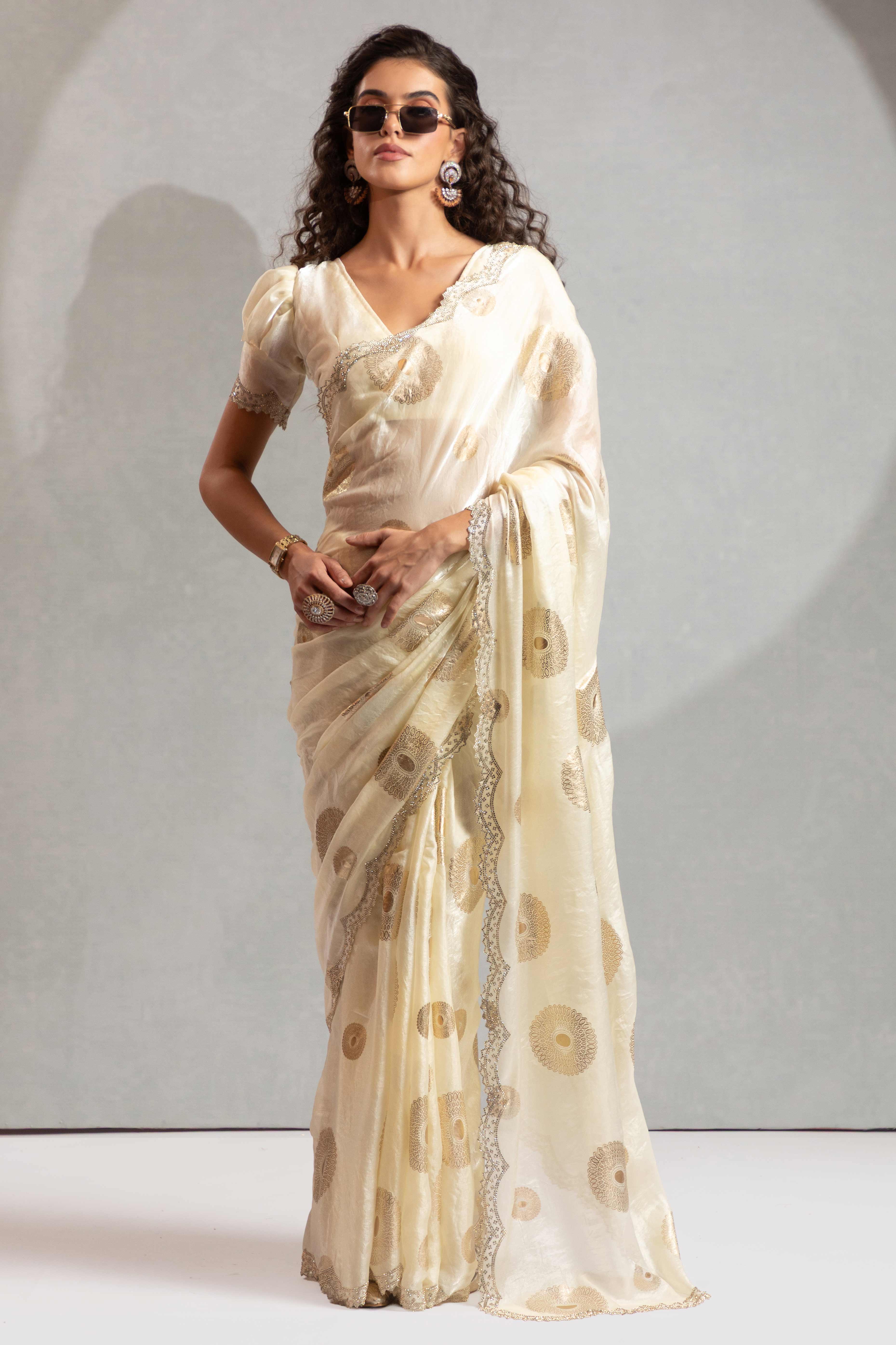 Designer Ivory White Satin Silk Embellished Saree with Alluring Stone Work
