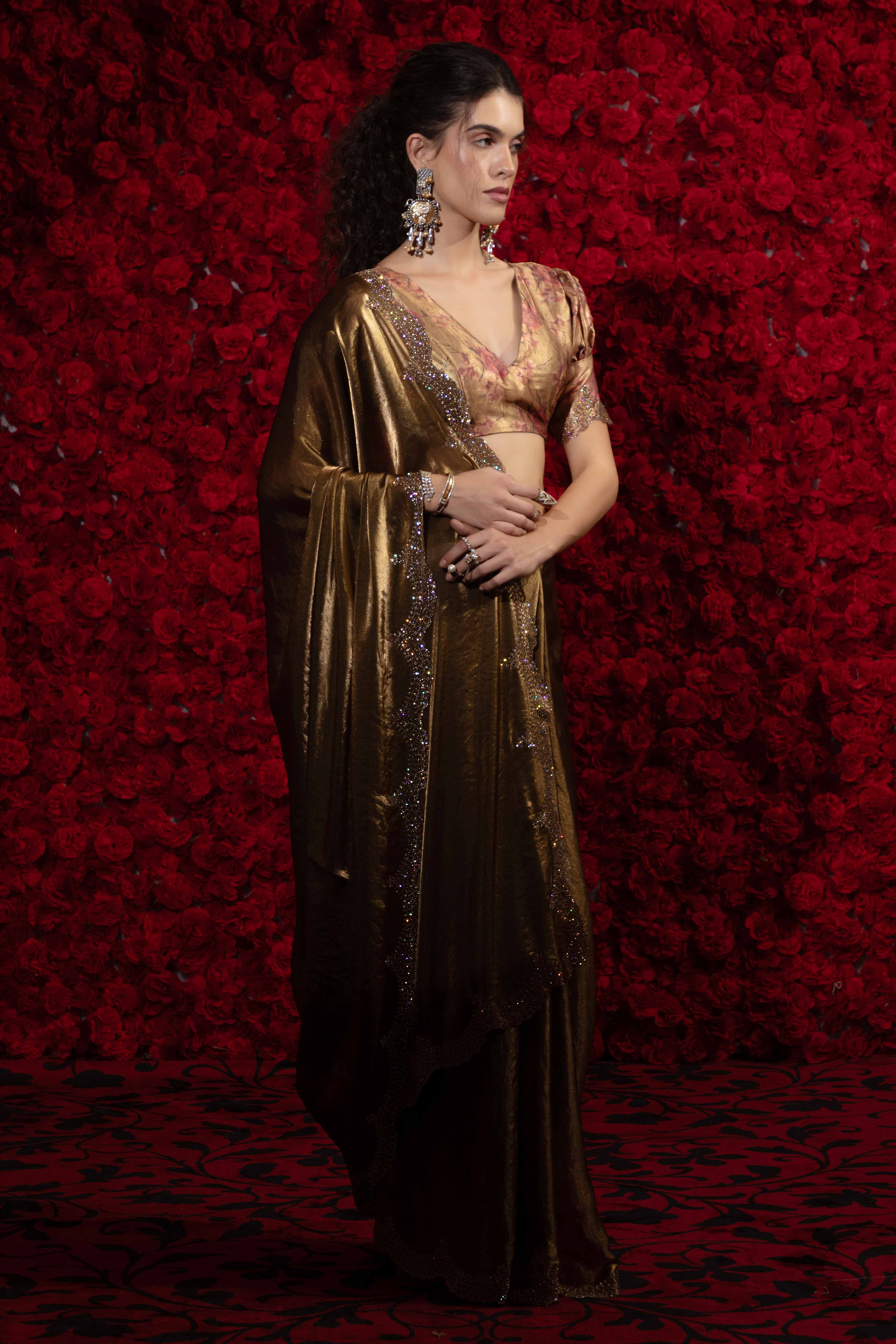 Crushed Satin Silk Embellished Saree in Gold with Sparkling Stone Work