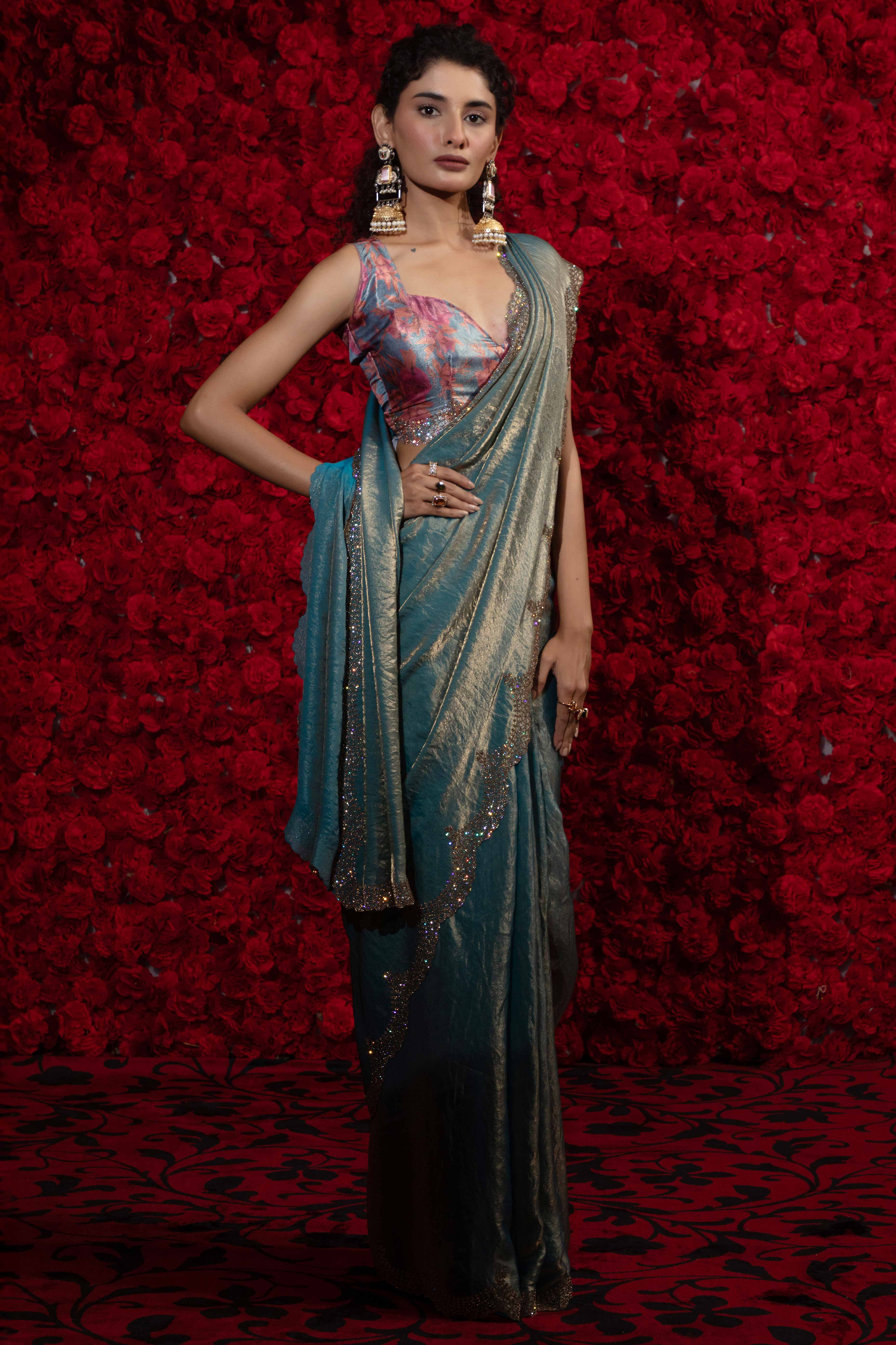 Crushed Satin Silk Embellished Saree in Teal Blue with Sparkling Stone Work
