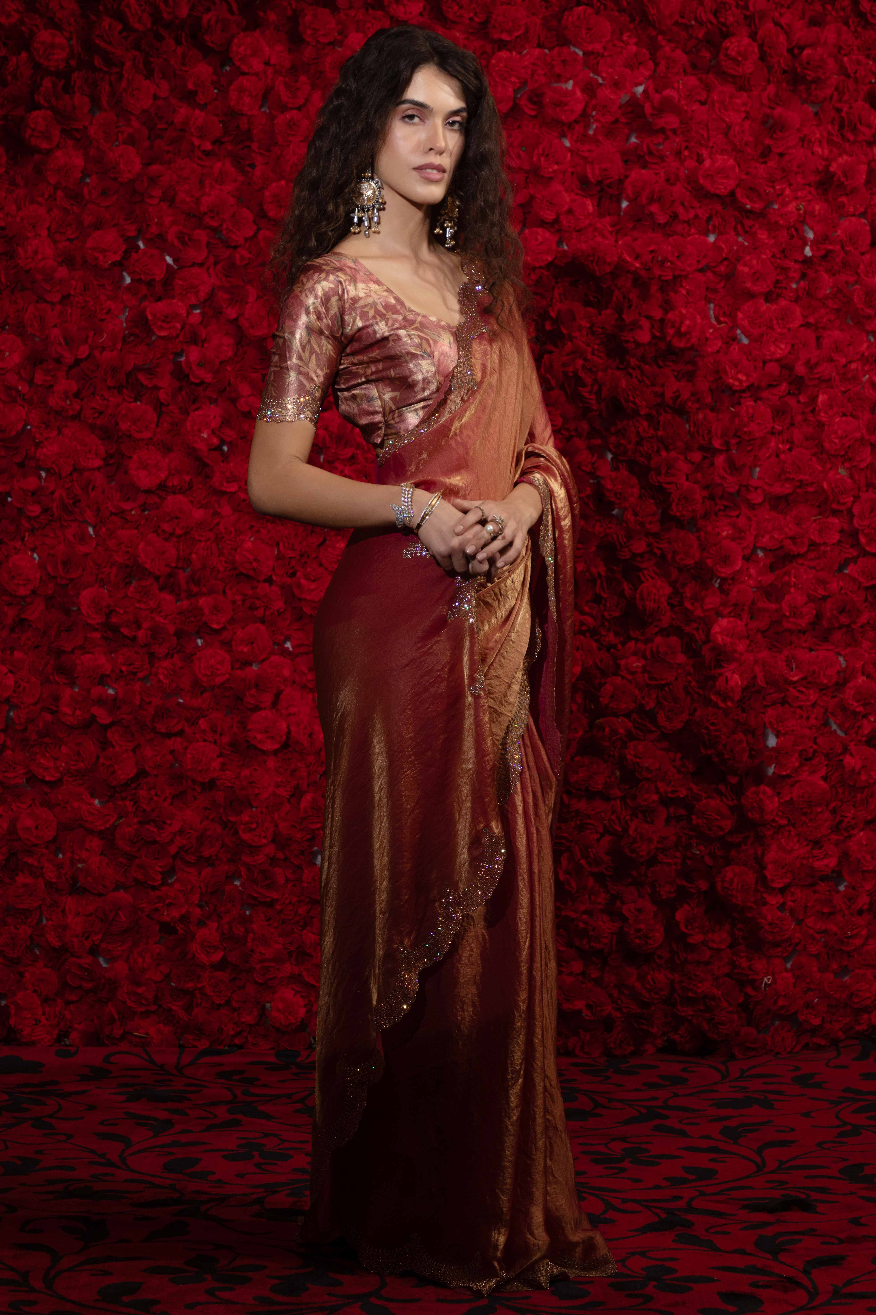 Crushed Satin Silk Embellished Saree in Rust with Sparkling Stone Work
