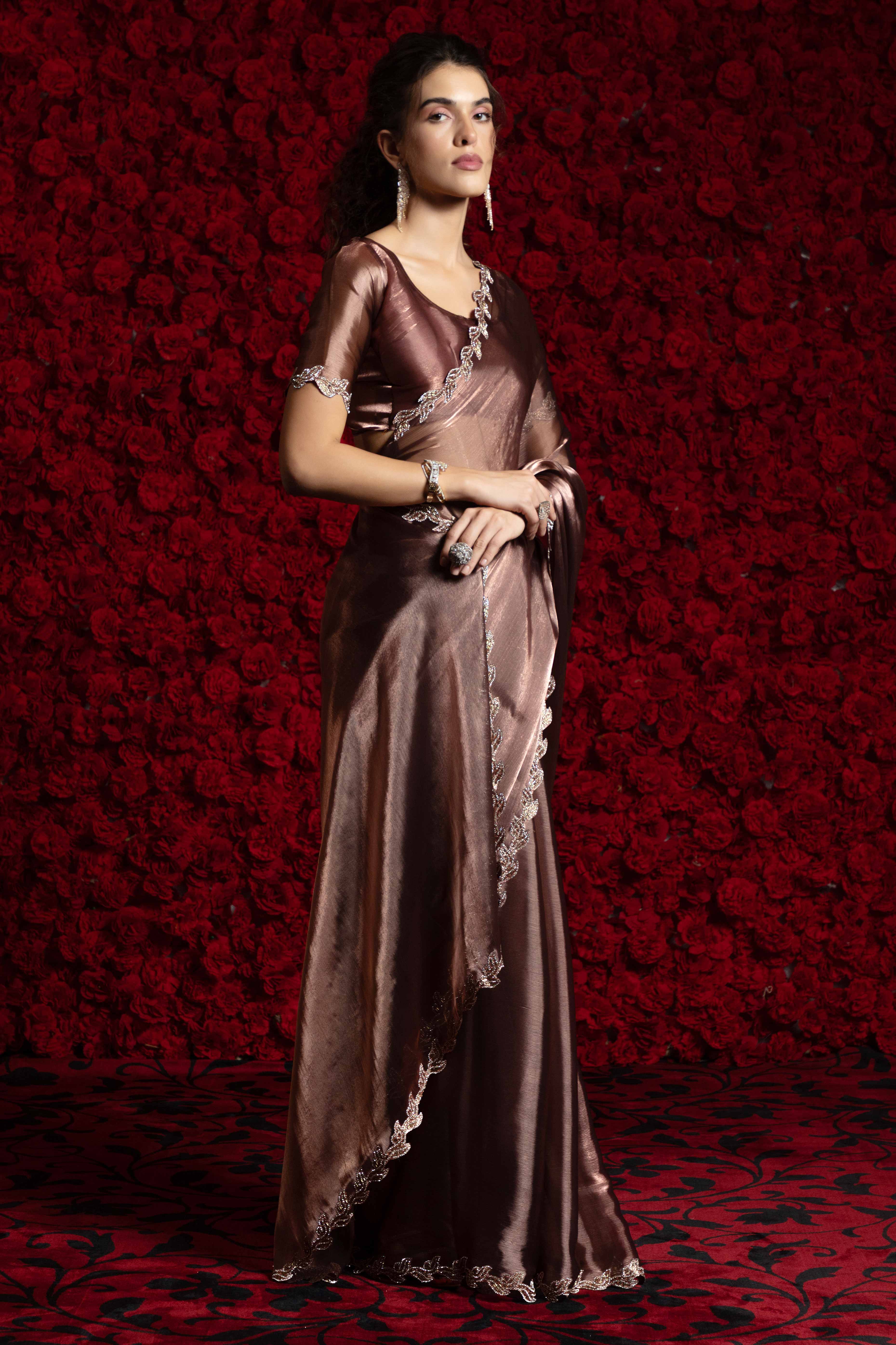 Brown Party Wear Saree Stone Embellished Tissue Chiffon Fabric