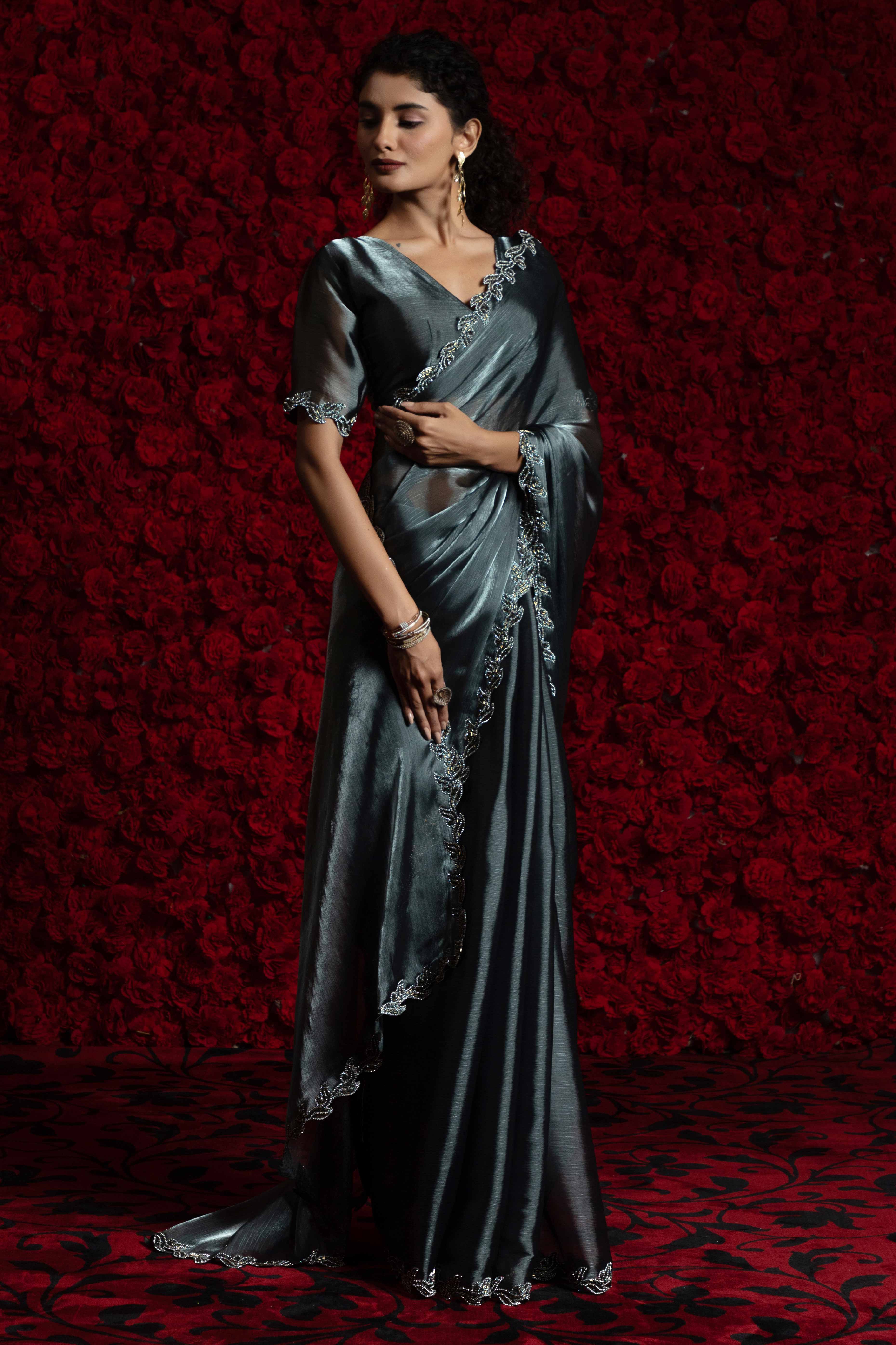 Charcoal Grey Party Wear Saree Stone Embellished Tissue Chiffon Fabric