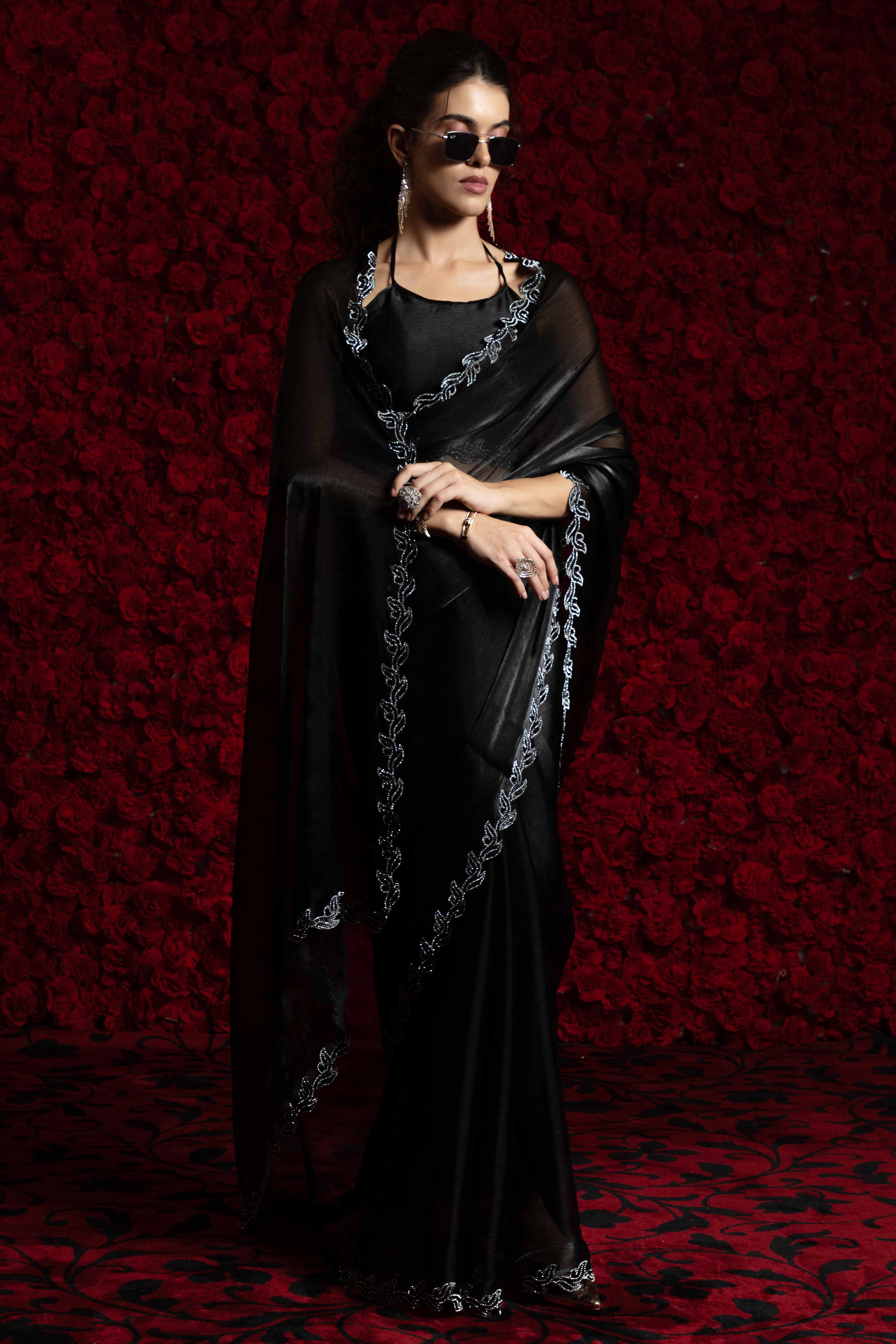 Black Party Wear Saree Stone Embellished Tissue Chiffon Fabric