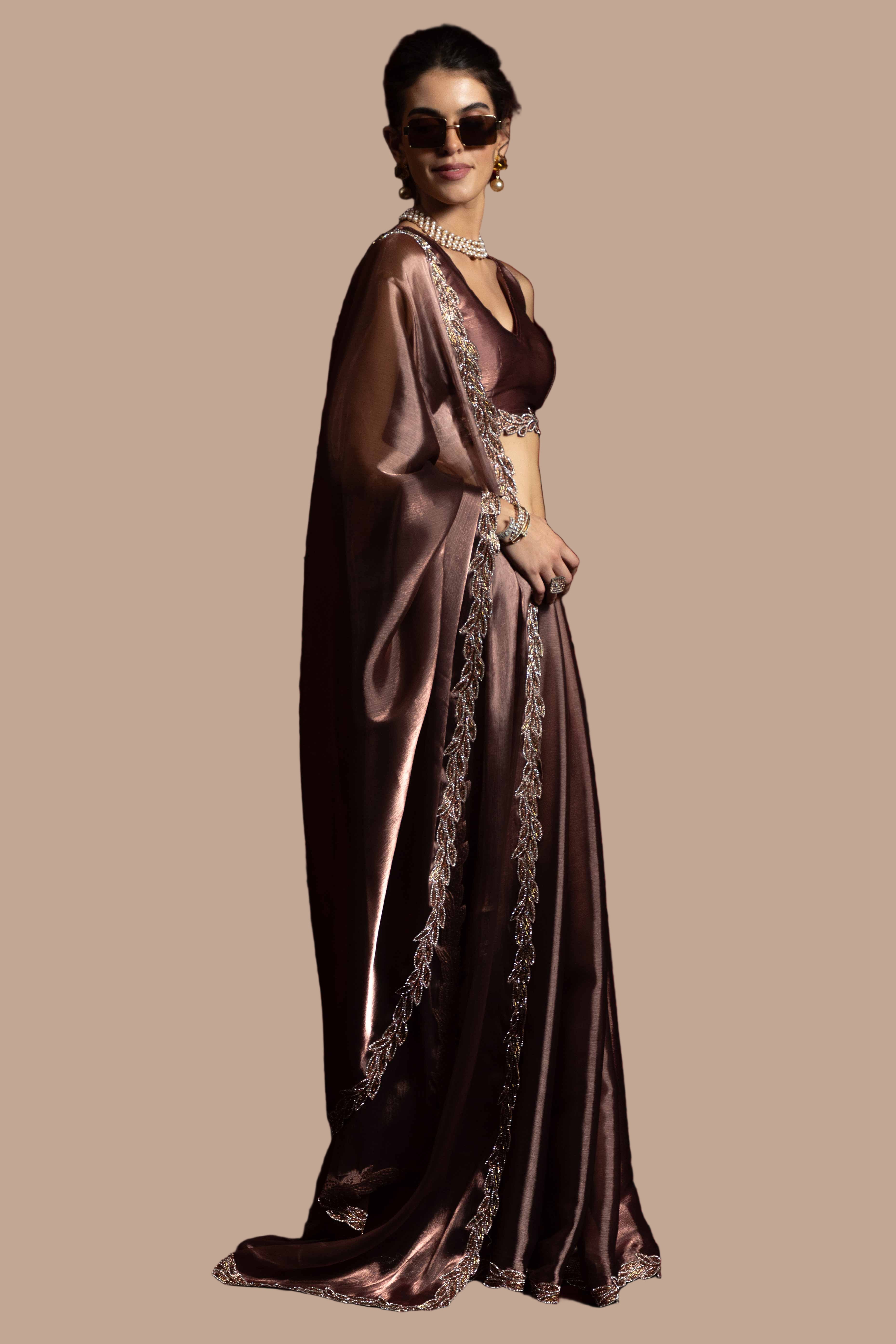 Dusty Rose Brown Solid Tissue Chiffon Saree Accented With Elegant Zarkan Work Border