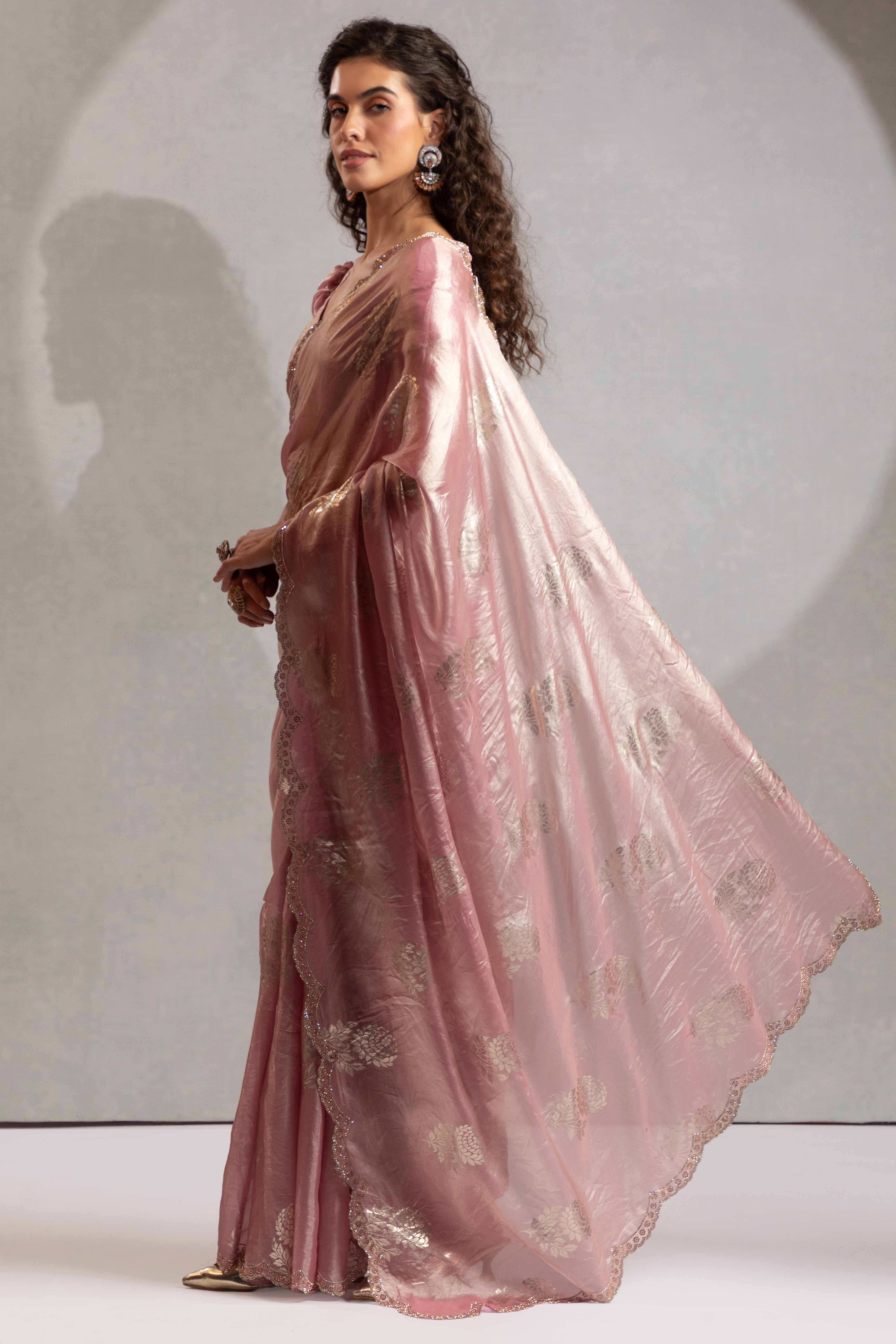 Pink Satin Silk Saree Showcasing Elegant Floral Foil Prints & Dazzling Zarkan Work