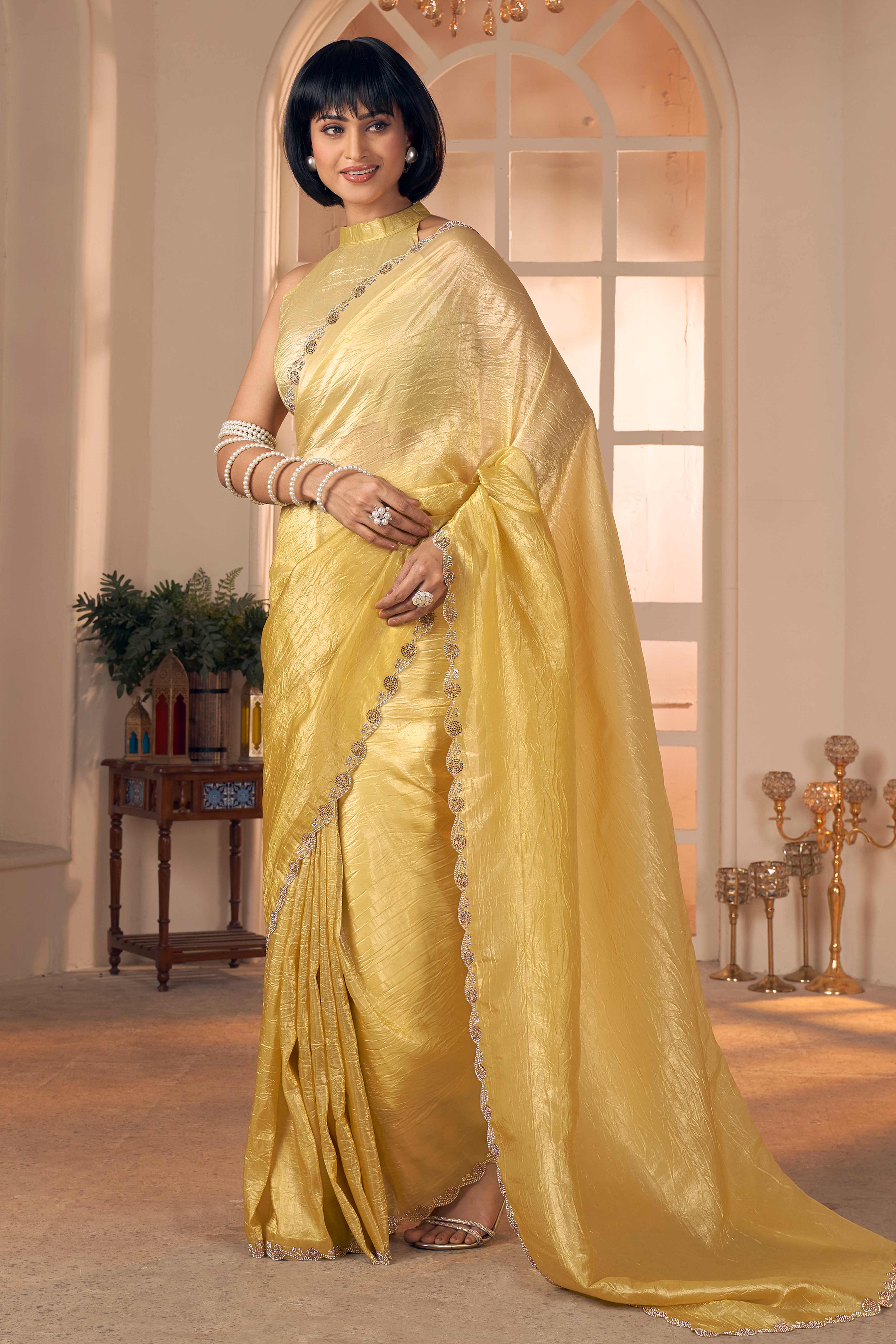 Elegant Yellow Pure Silk Saree Enhanced With Premium Zarkan Cutwork Embellishment