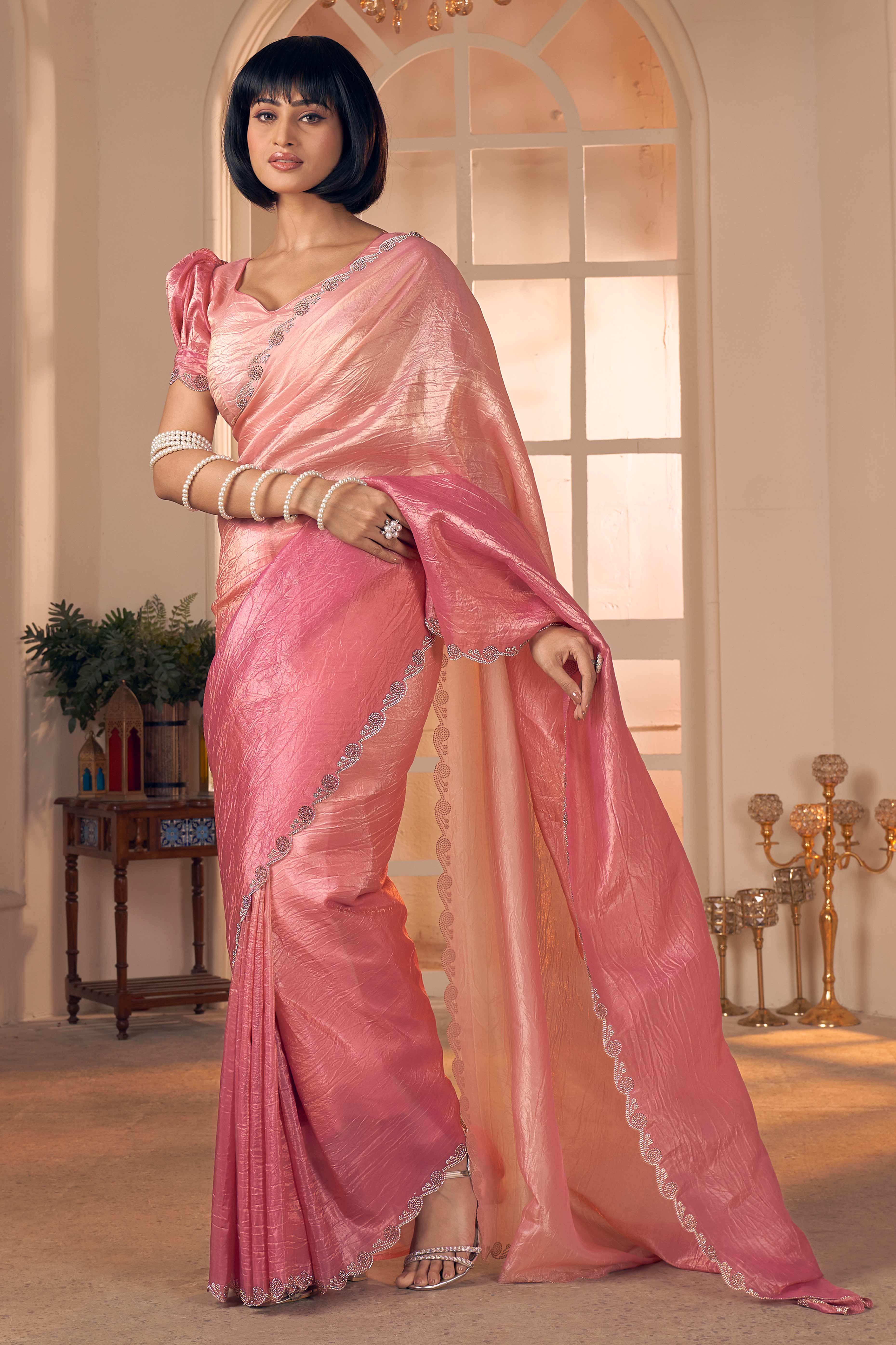Elegant Pastel Pink Pure Silk Saree Enhanced With Premium Zarkan Cutwork Embellishment