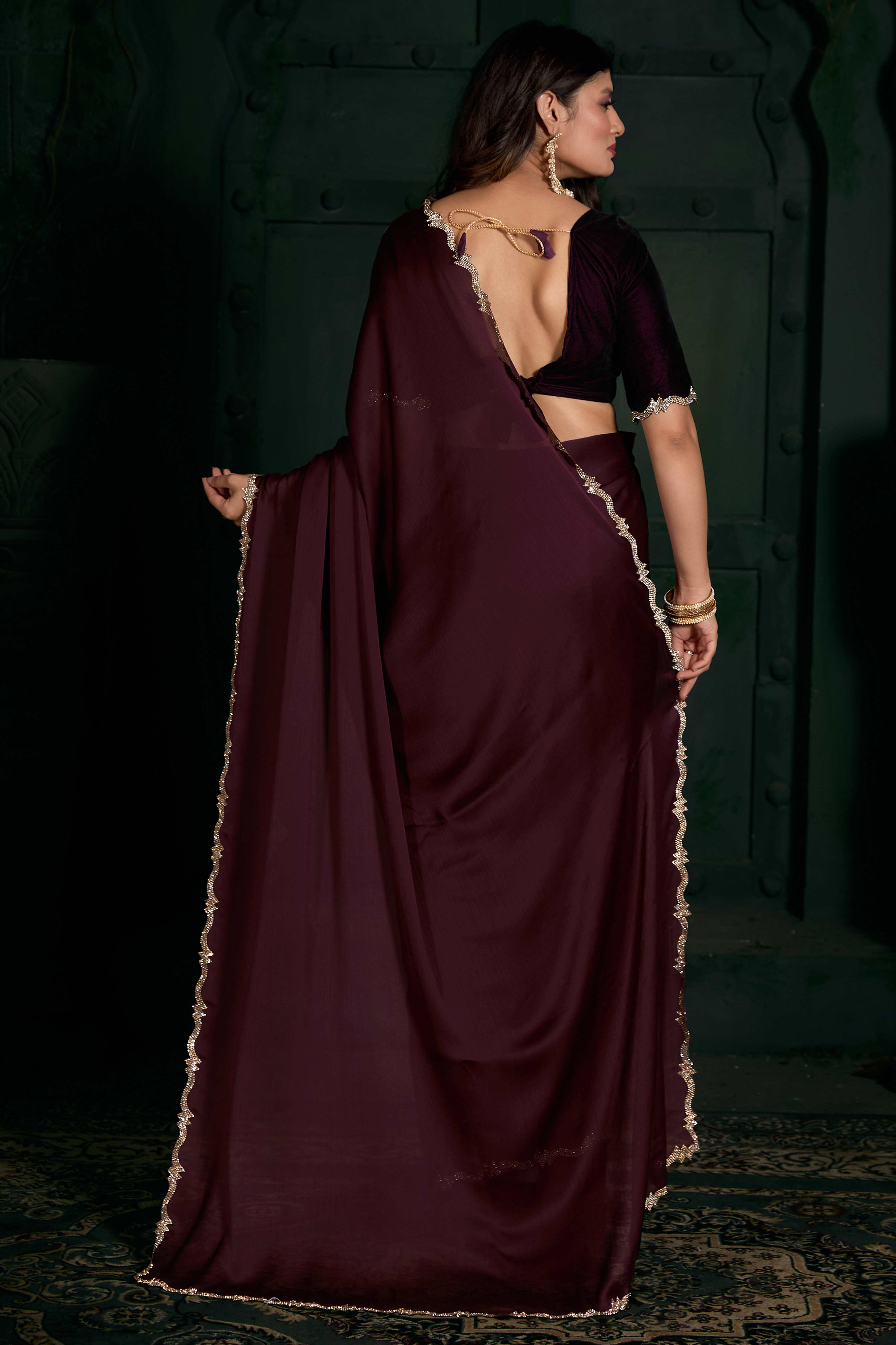 Wine Solid With Zarkan Cutwork Border Chiffon Saree With Belt