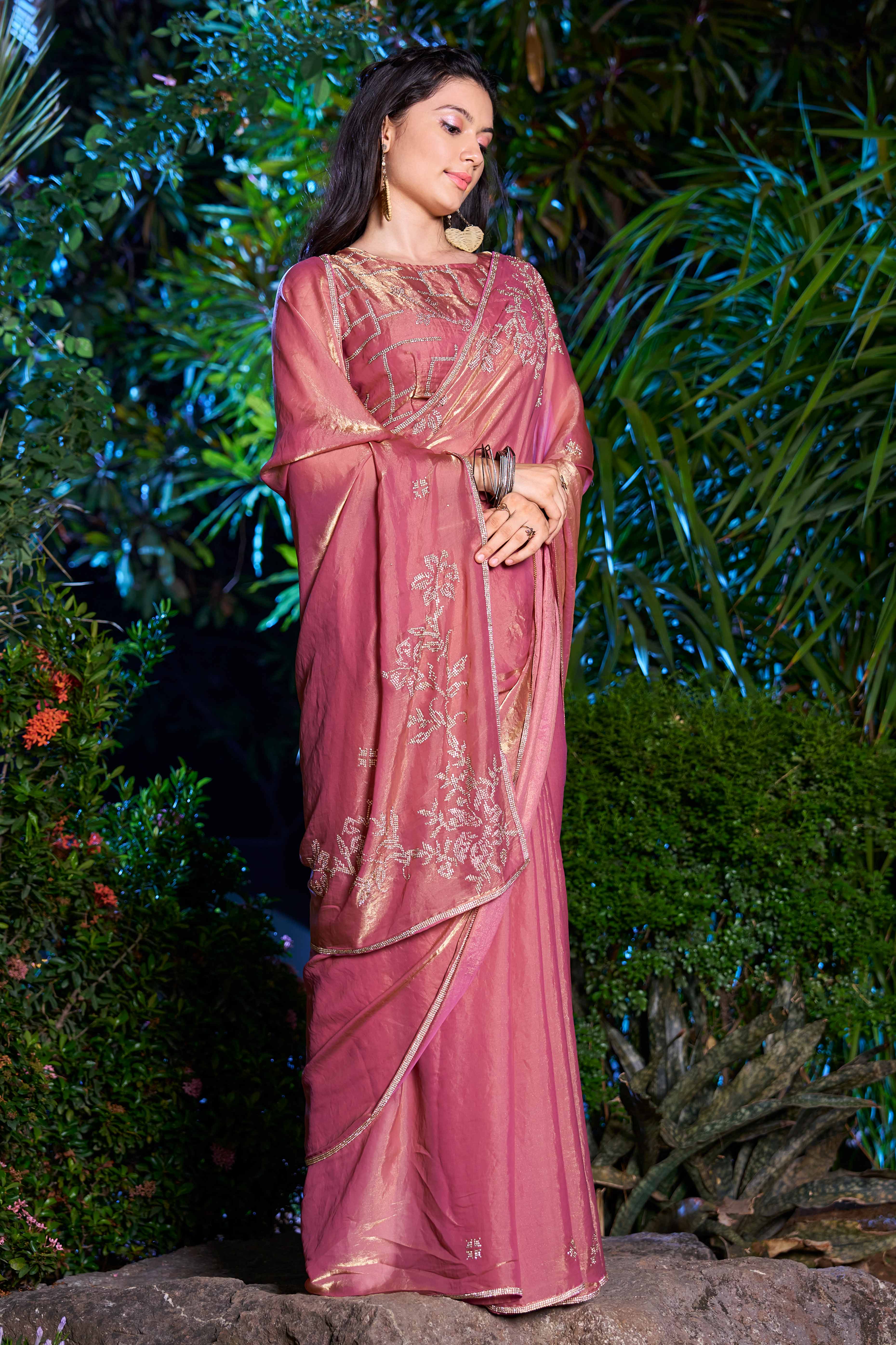 Luxury Satin Saree in Salmon Pink with Swarovski Embellishments
